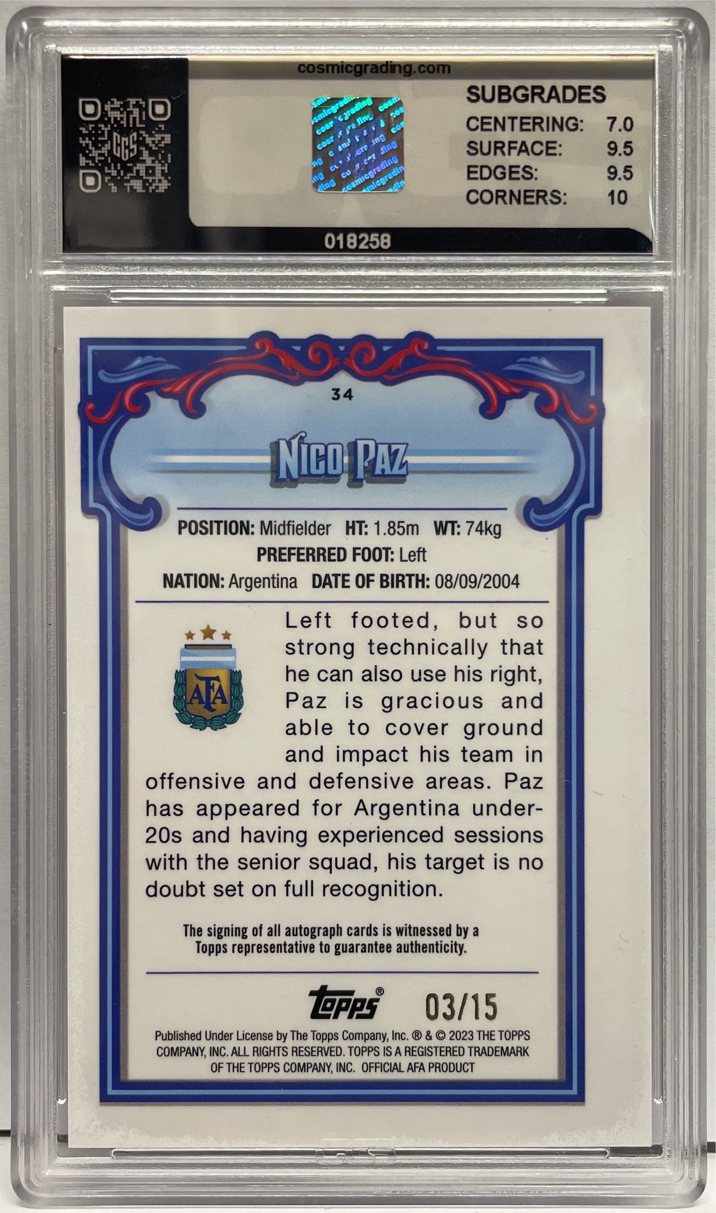 CGS 8 - Nico Paz 3/15 1ST Bowman Purple - Topps Argentina Fileteado 2023