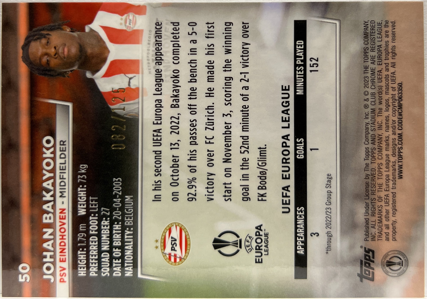 Johan Bakayoko 82/125 Rookie Topps Stadium Chrome 2023/24