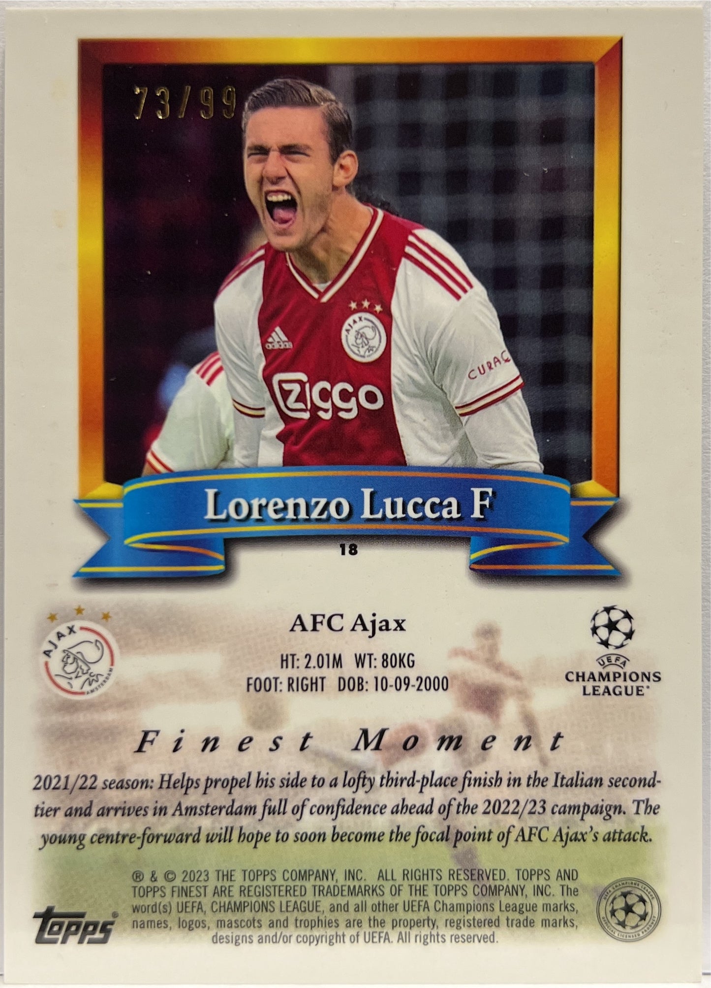 Lorenzo Lucca 73/99 Rookie Blue Topps Finest Flashback 2022/23