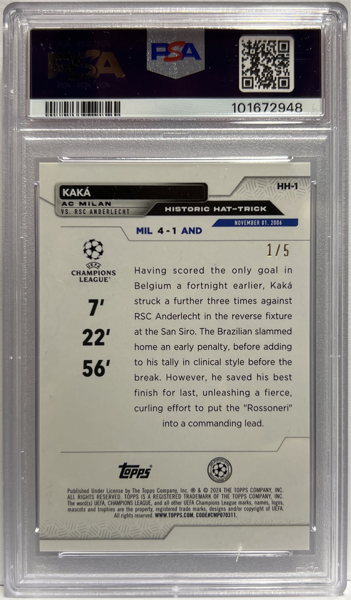 Kaka 1/5 Historic Hat Trick Red Foilboard Topps UCC 2023/24 PSA 8