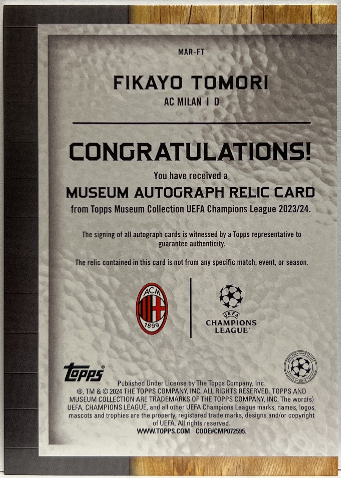 Fikayo Tomori 54/75 Patch Autograph Relic Topps Museum 2023/24