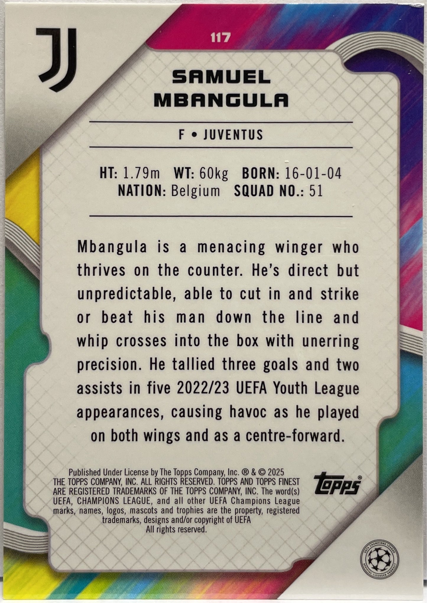 Samuel Mbangula 47/125 Rookie Pink Prism Topps Finest UCC 2024/25