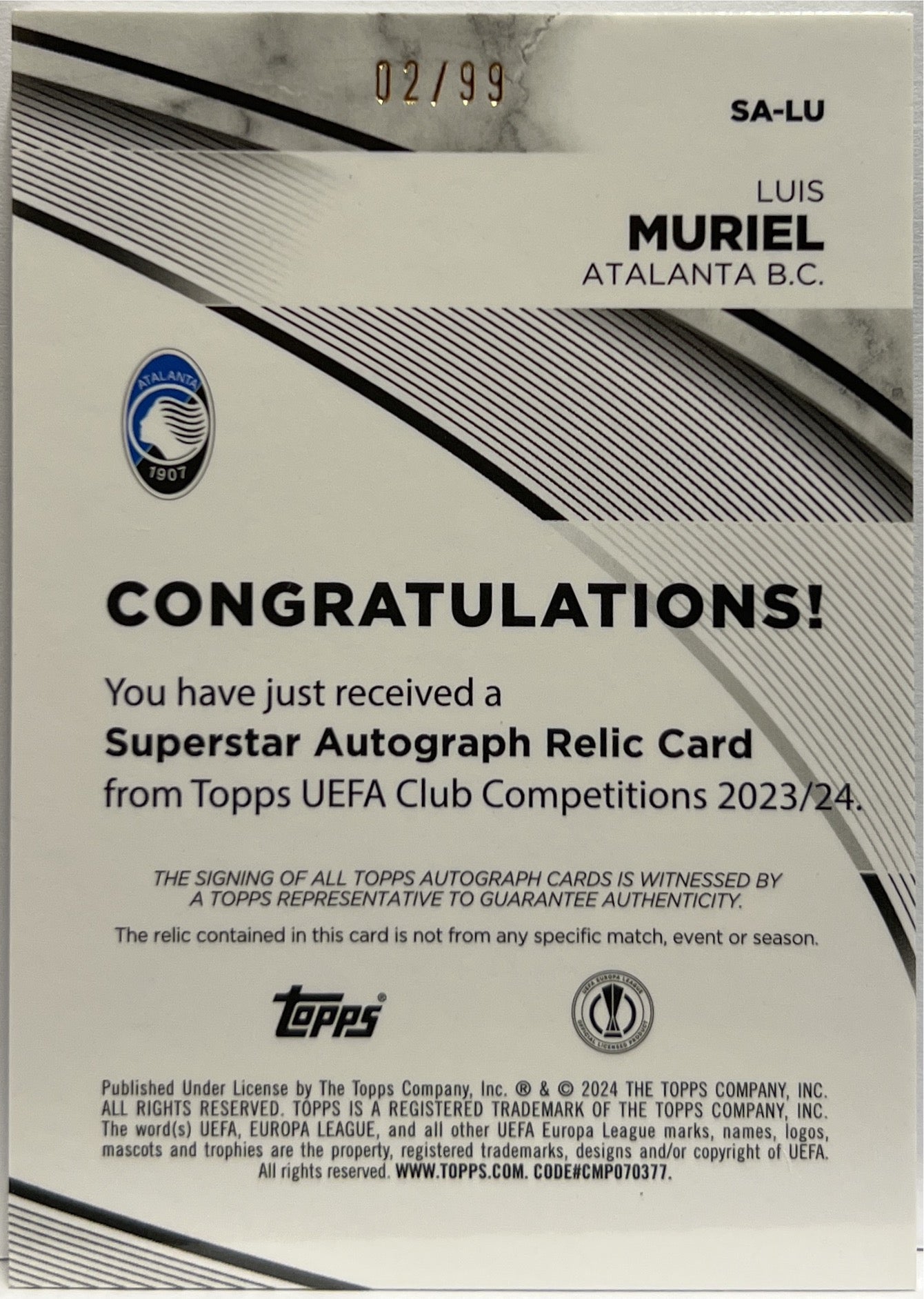 Luis Muriel 2/99 Patch Autograph Topps UCC 2023/24