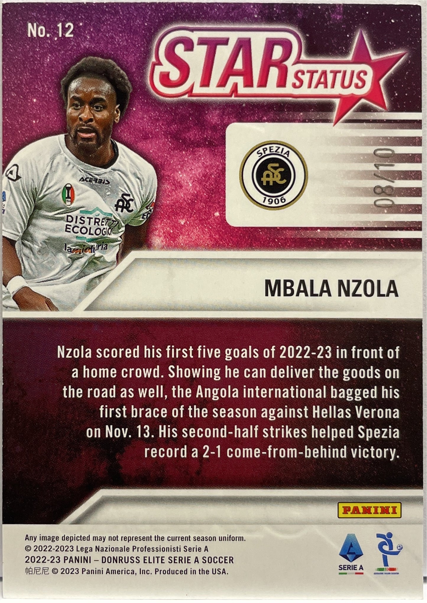 Mbala Nzola 8/10 Star Status Gold Panini Donruss Elite Serie A 2022/23