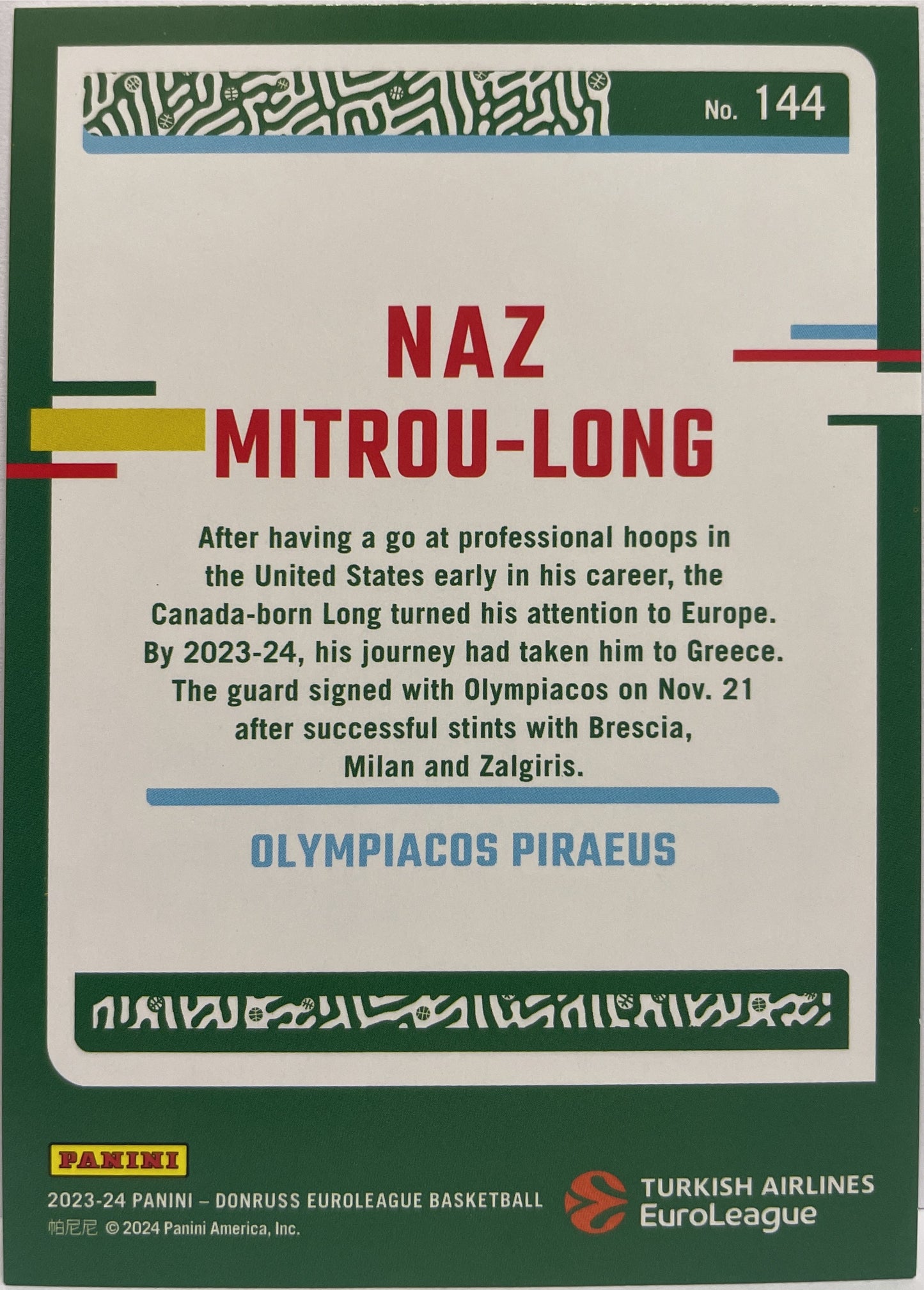 Naz Mitrou-Long 71/249 Press Proof Purple Donruss Euroleague Basketball 2023/24
