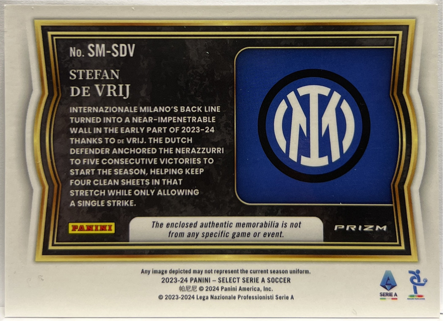 Stefan De Vrij Patch Memorabilia Select Serie A 2023/24