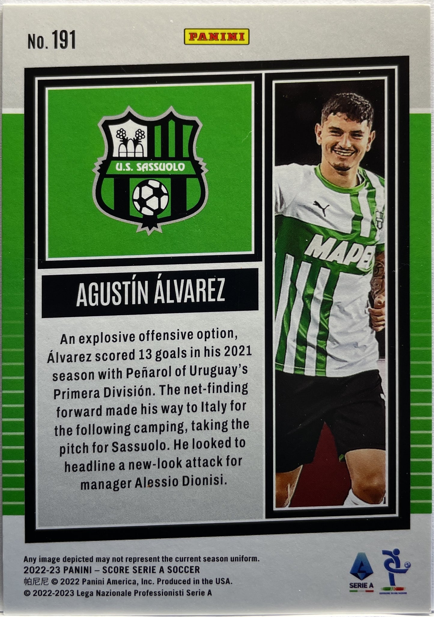 Agustin Alvarez 35/35 Rookie Orange Laser Score Serie A 2022/23