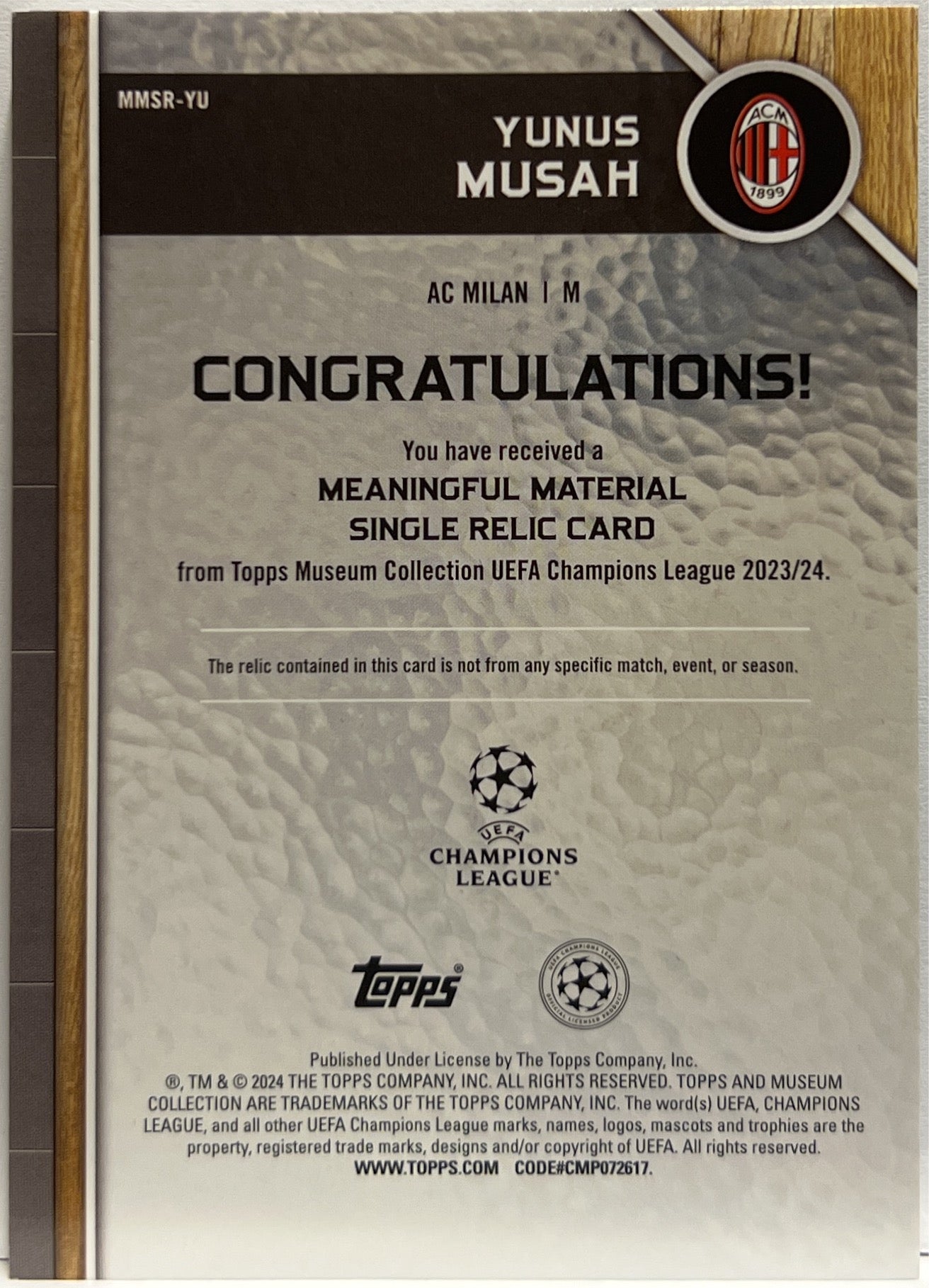 Yunus Musah 71/299 Patch Meaningful Material Topps Museum 2023/24