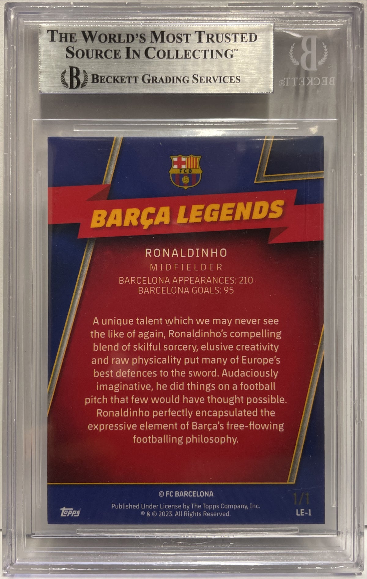 Ronaldinho 1/1 Barca Legends Superfractor Topps Chrome Barcelona 2022/23 Beckett 8