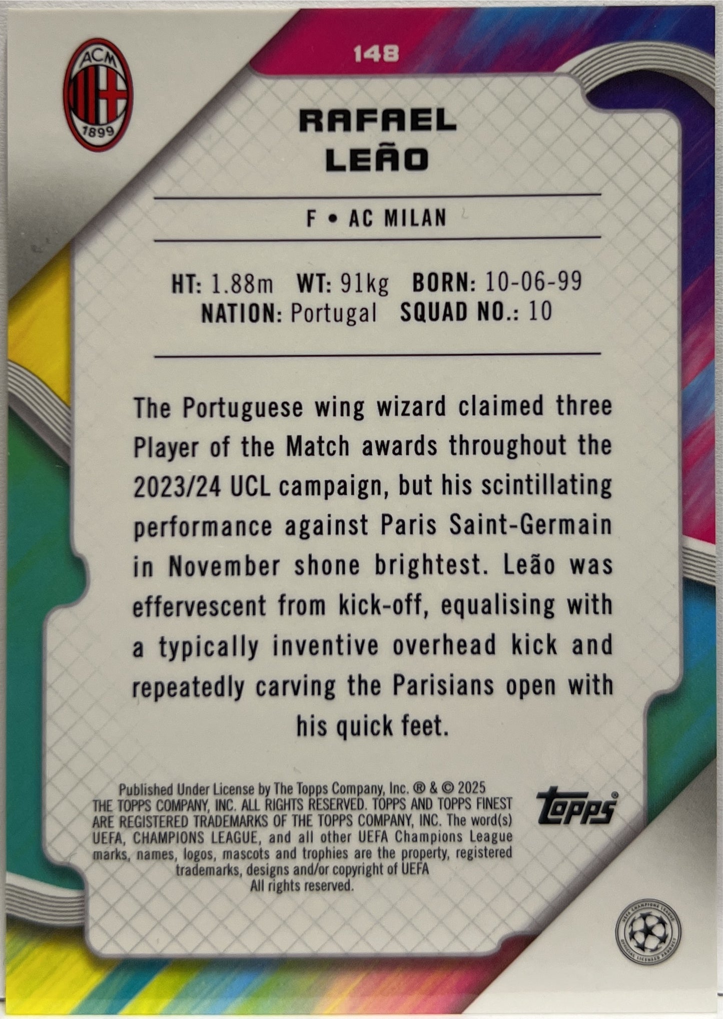 Rafael Leao 2/50 Gold Topps Finest UCC 2024/25