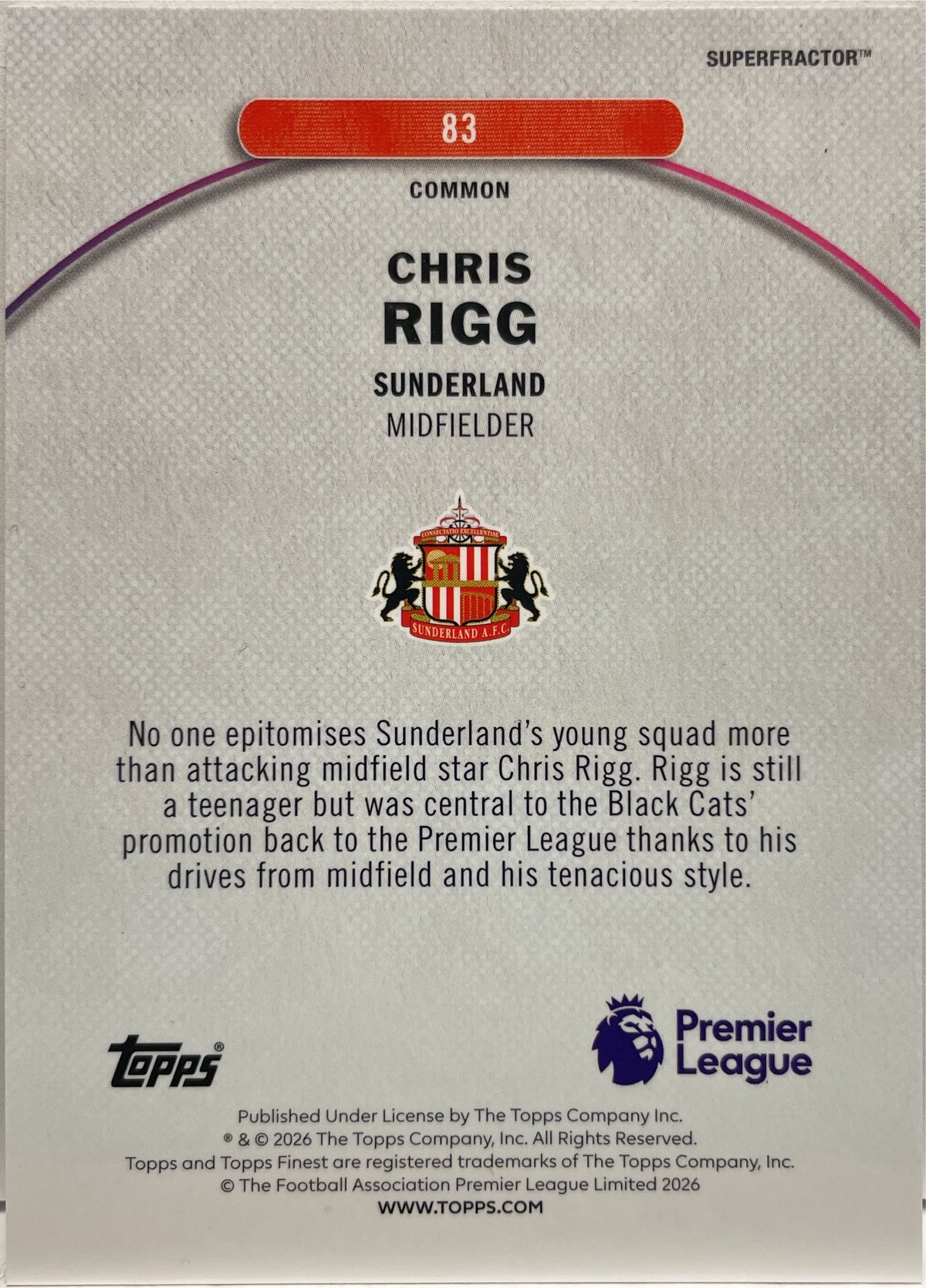 Chris Rigg 1/1 Rookie Superfractor Topps Finest EPL Premier League 2025/26