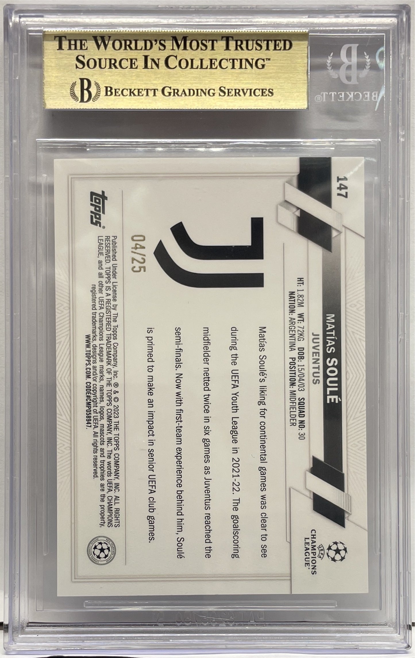 Beckett 9.5 - Matias Soule 4/25 Rookie - Topps UCC 2022/23