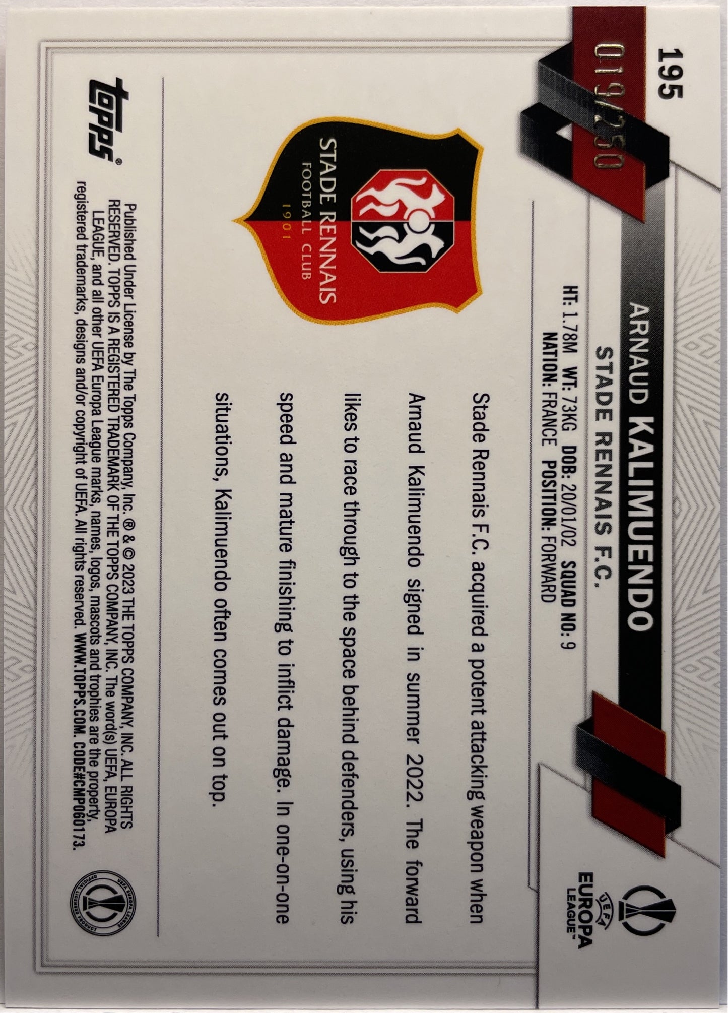 Arnaud Kalimuendo 19/250 Rookie Pink Topps Chrome UCC 2022/23