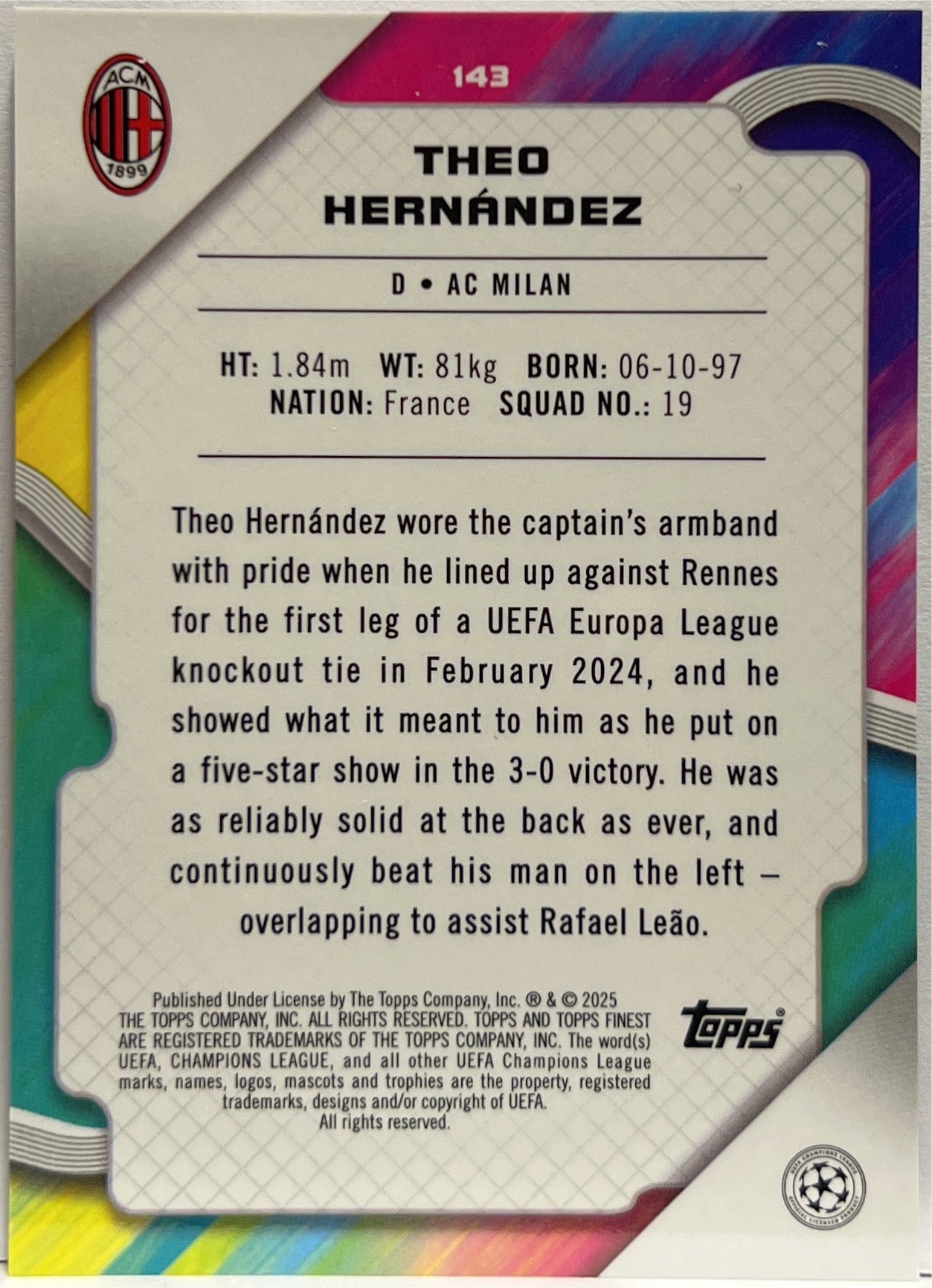 Theo Hernandez 42/50 Rose Gold Mini Diamond Topps Finest UCC 2024/25