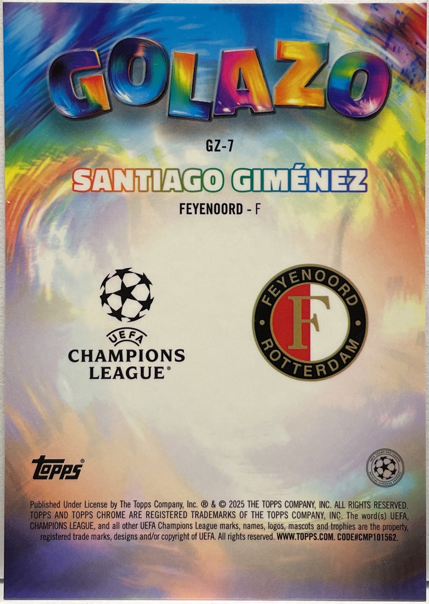 Santiago Gimenez 12/99 Golazo Green Topps Chrome UCC 2024/25