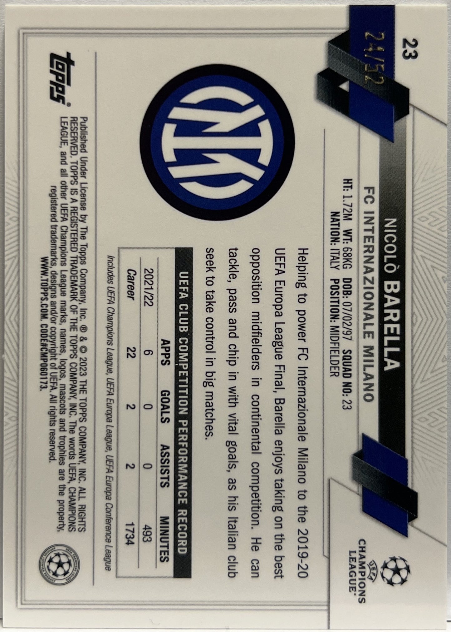 Nicolo Barella 24/52 Toppsfractor Topps Chrome UCC 2022/23