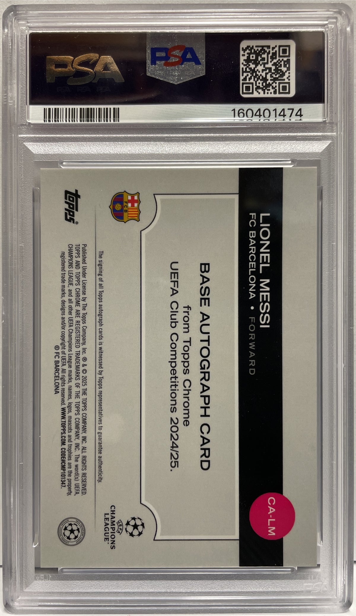 Lionel Messi 9/10 Autograph Black Lava Topps Chrome UCC 2024/25 PSA 8