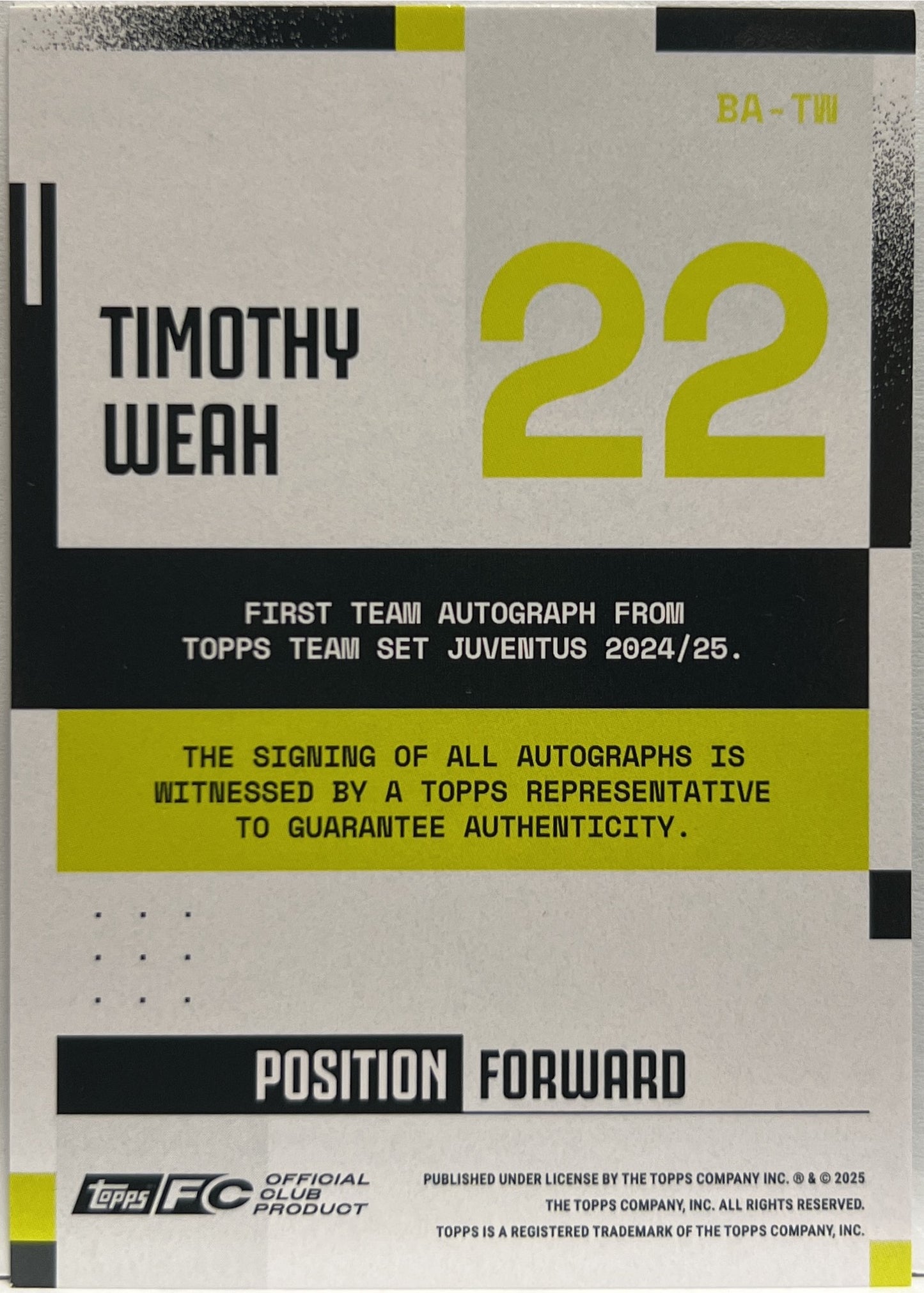 Timothy Weah 68/99 Autograph Pink Topps Juventus Premium Team Set 2024/25