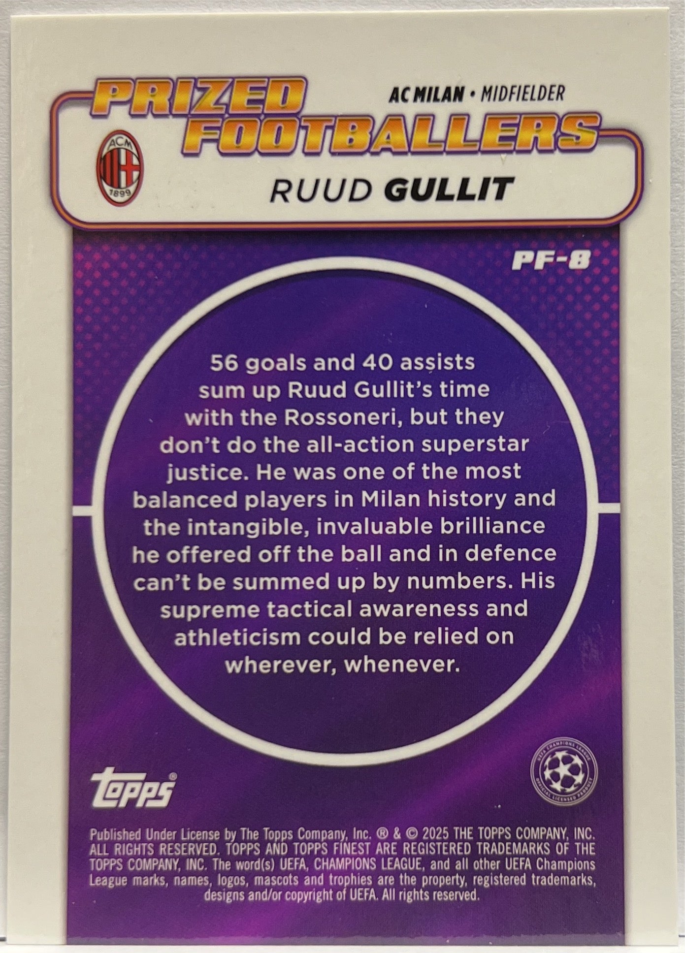 Ruud Gullit 25/299 Prized Footballers Purple Topps Finest UCC 2024/25