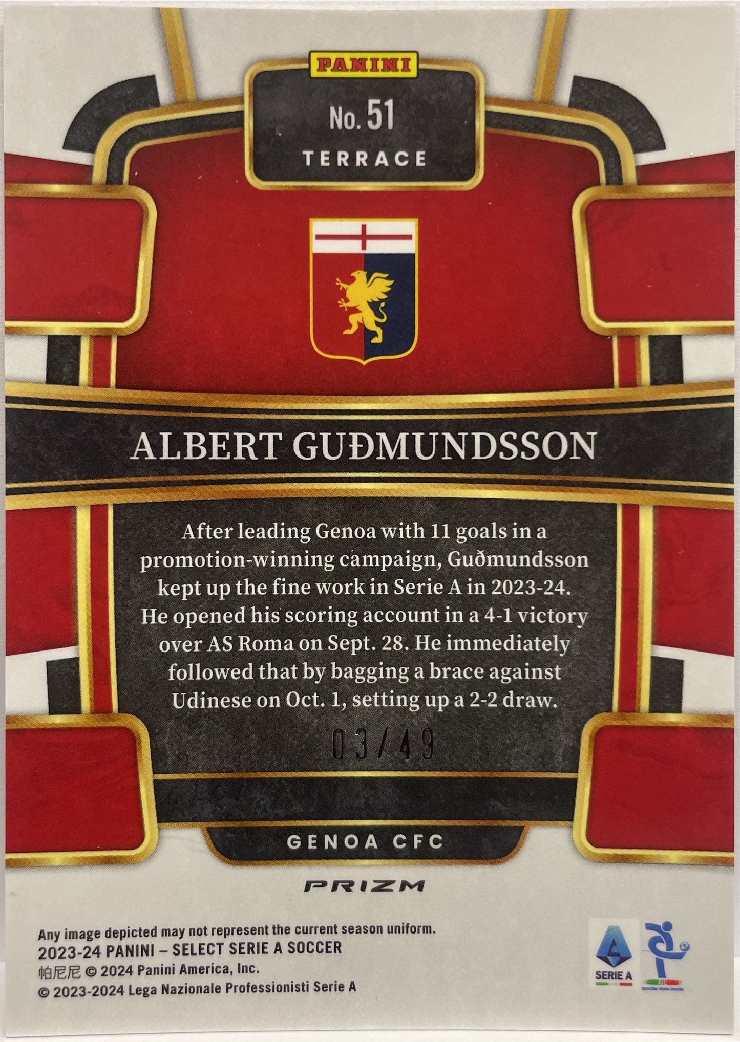 Albert Gudmundsson 3/49 Rookie Terrace Red Wave Select Serie A 2023/24