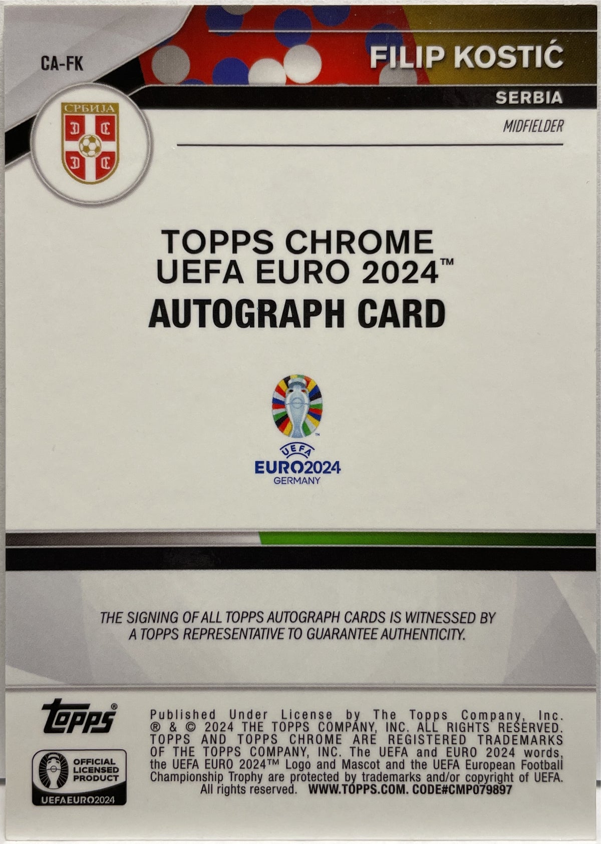 Filip Kostic 1/1 Autograph Superfractor Topps Chrome Uefa Euro 2024