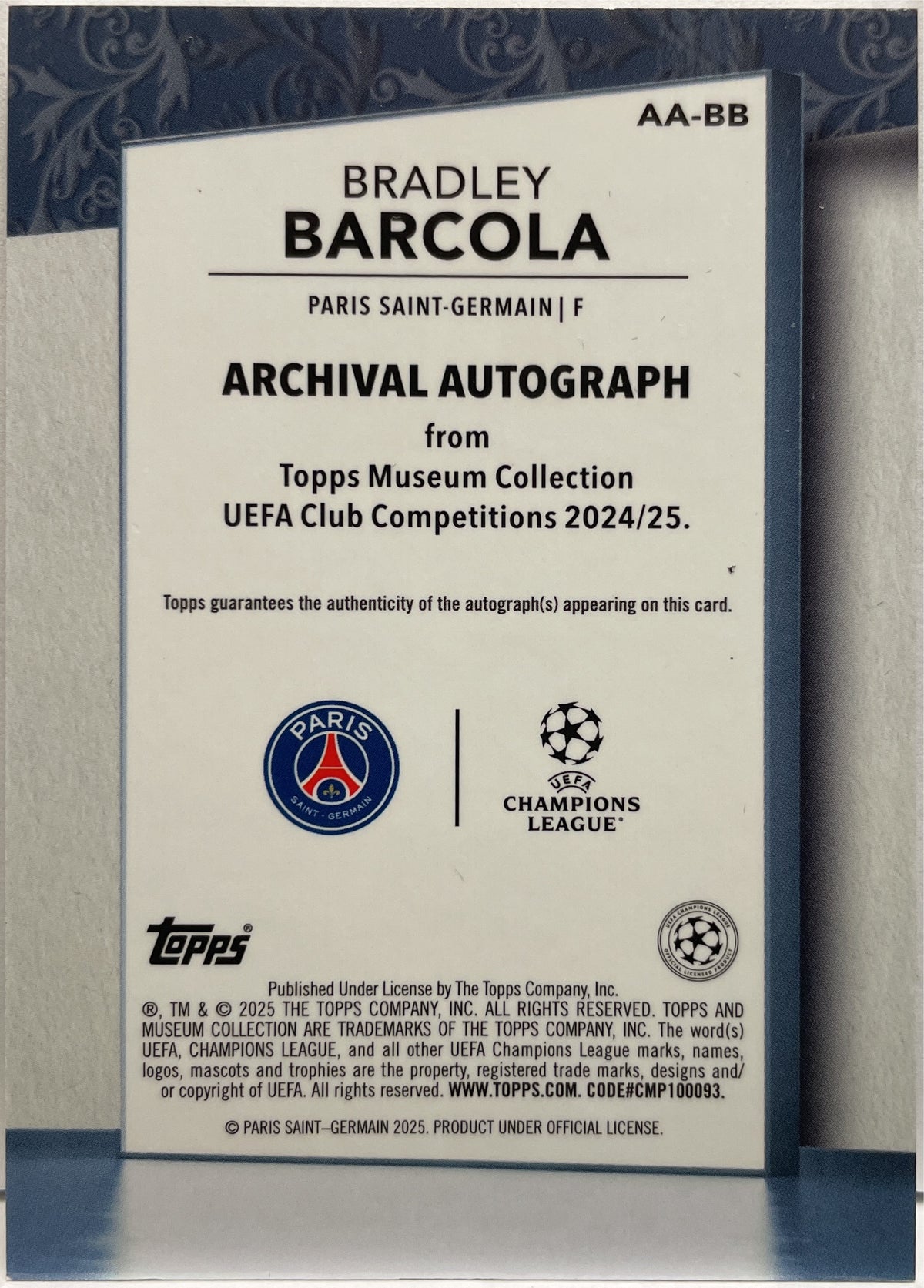 Bradley Barcola 1/1 Autograph Emerald Topps Museum 2024/25