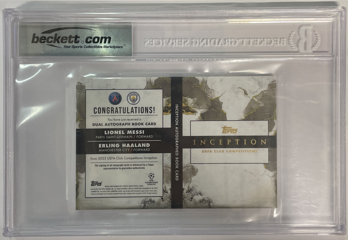 Lionel Messi Erling Haaland 8/10 Booklet Dual Autograph Red Topps Inception 2022/23 Beckett 9