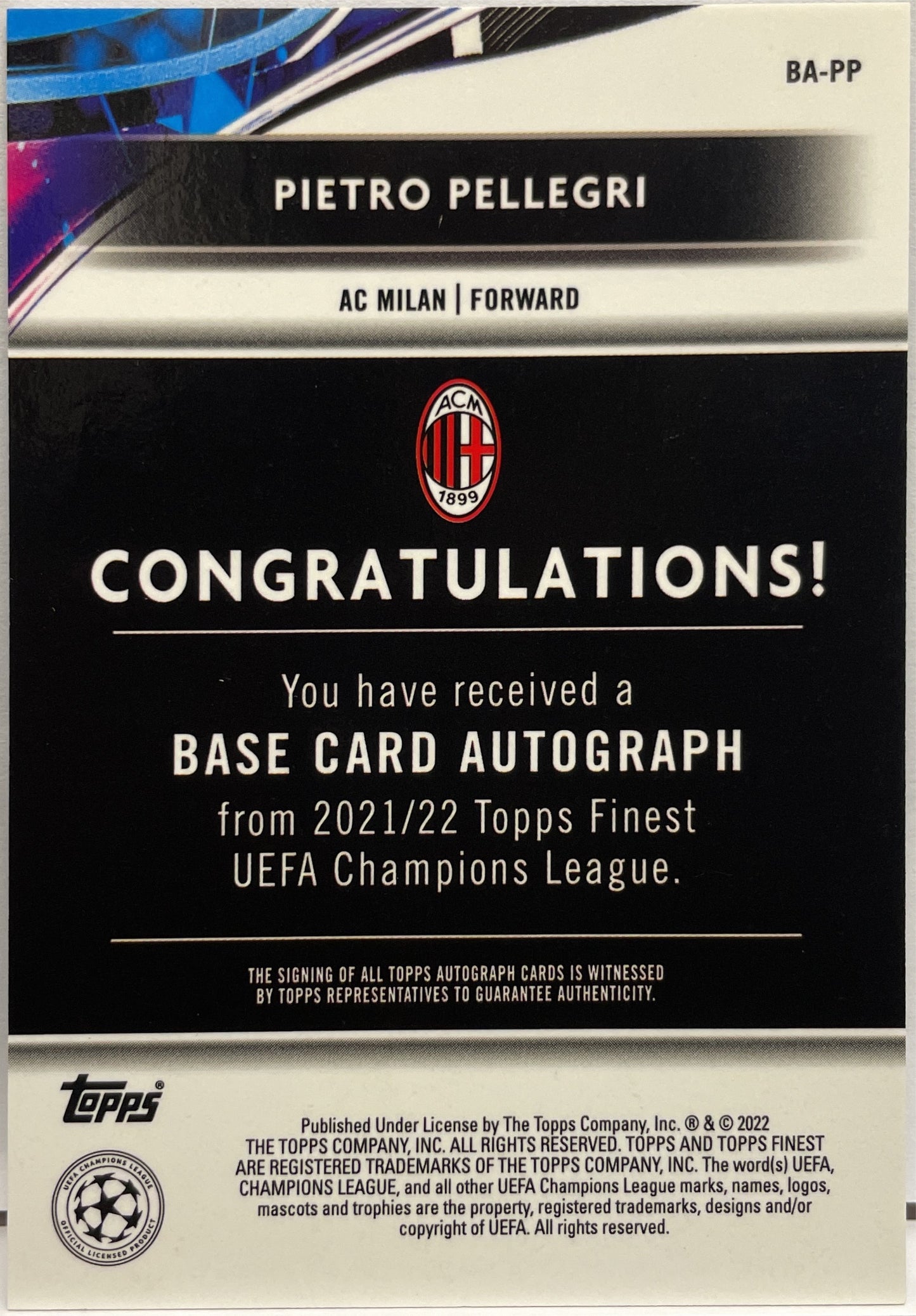 Pietro Pellegri Autograph Topps Finest UCL 2021/22