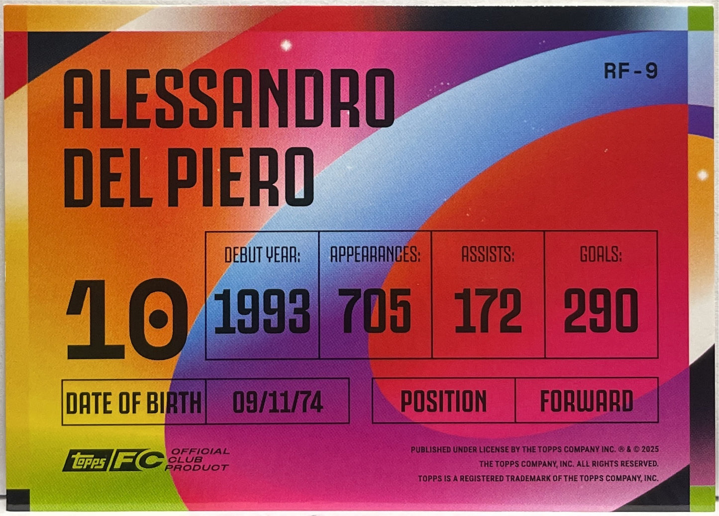 Alessandro Del Piero Rainbow Flick Topps Juventus Premium Team Set 2024/25