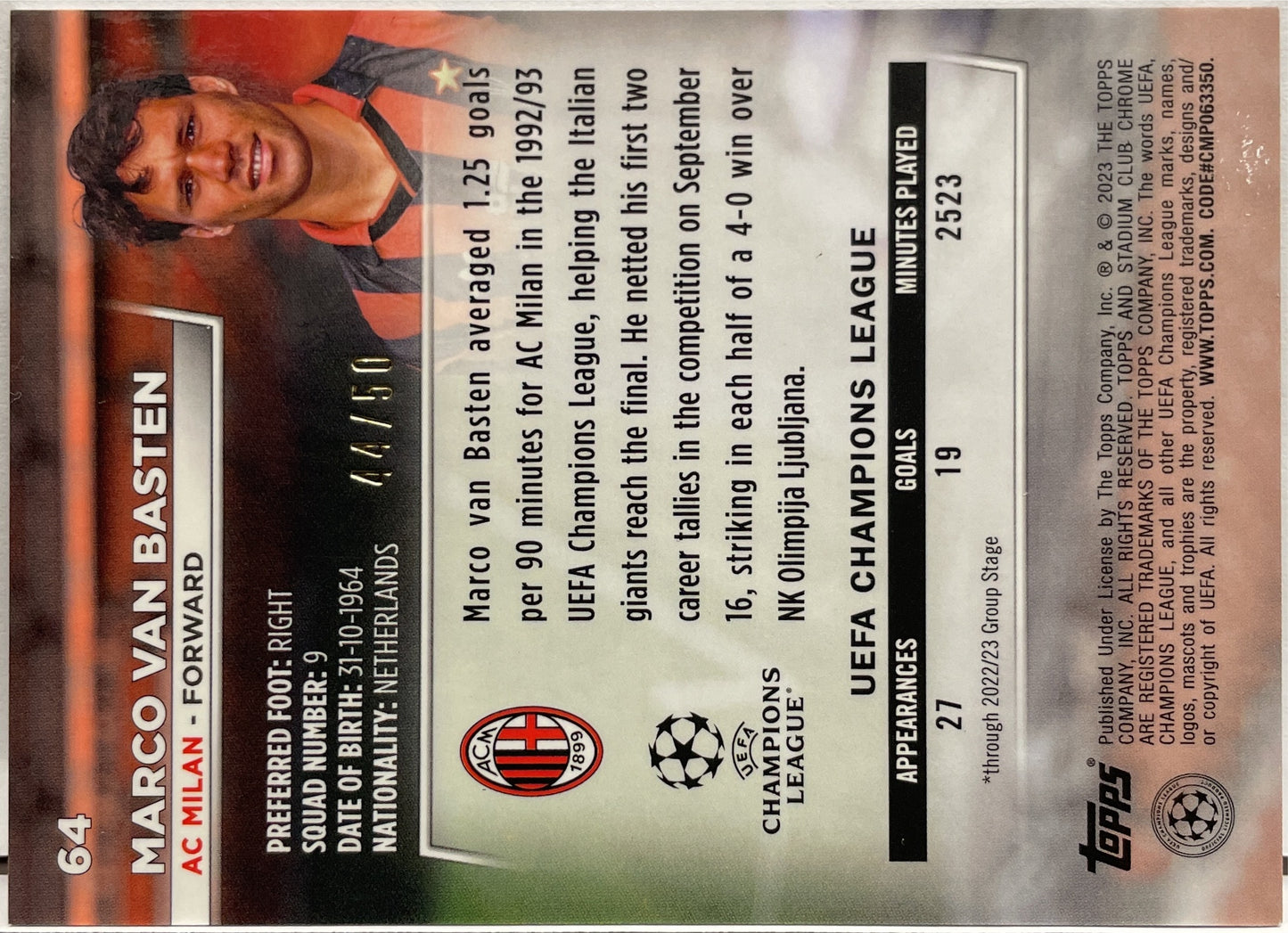 Marco Van basten 44/50 Gold Topps Stadium Chrome 2022/23