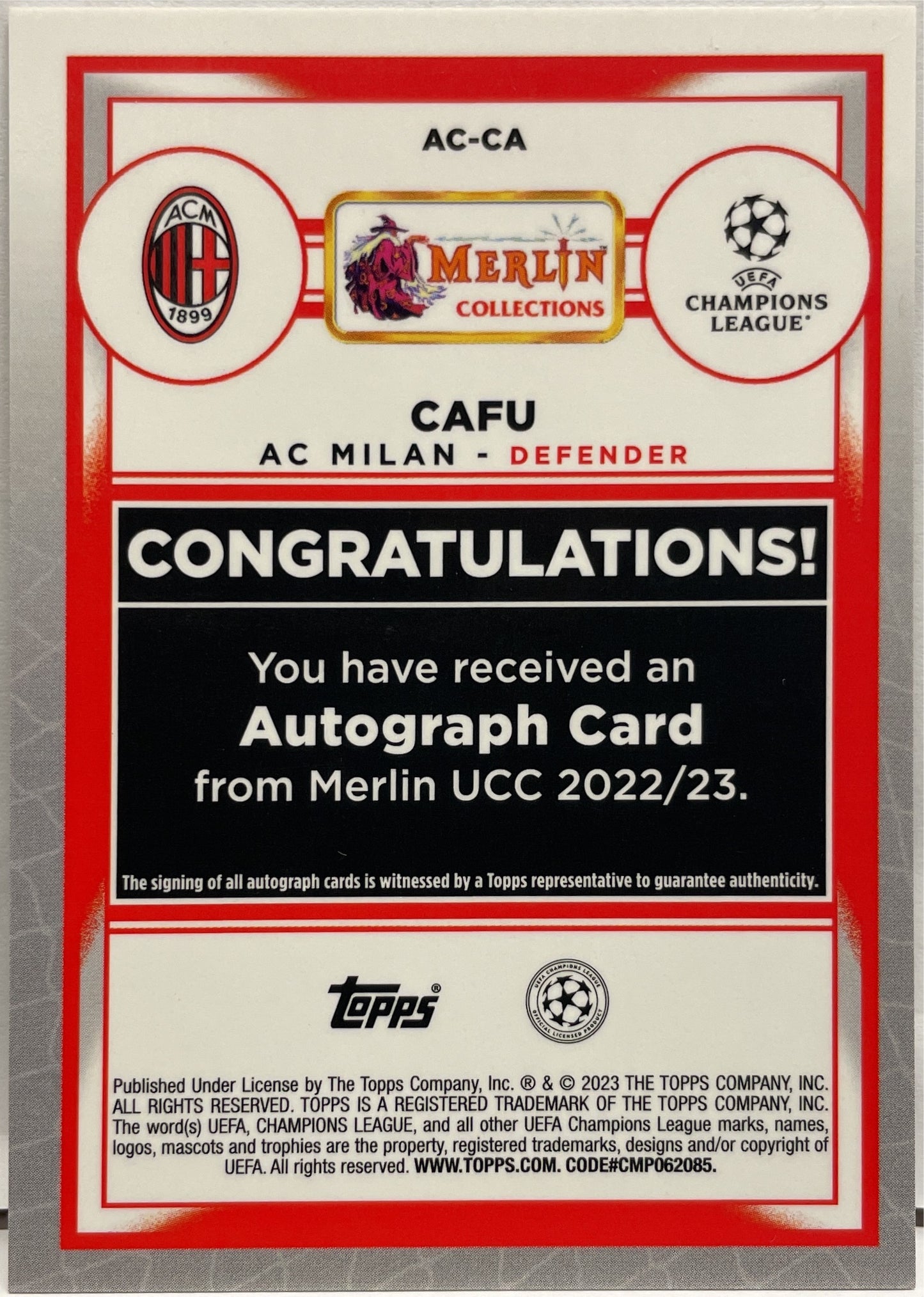 Cafu 20/25 Autograph Orange Topps Chrome Merlin UCC 2022/23