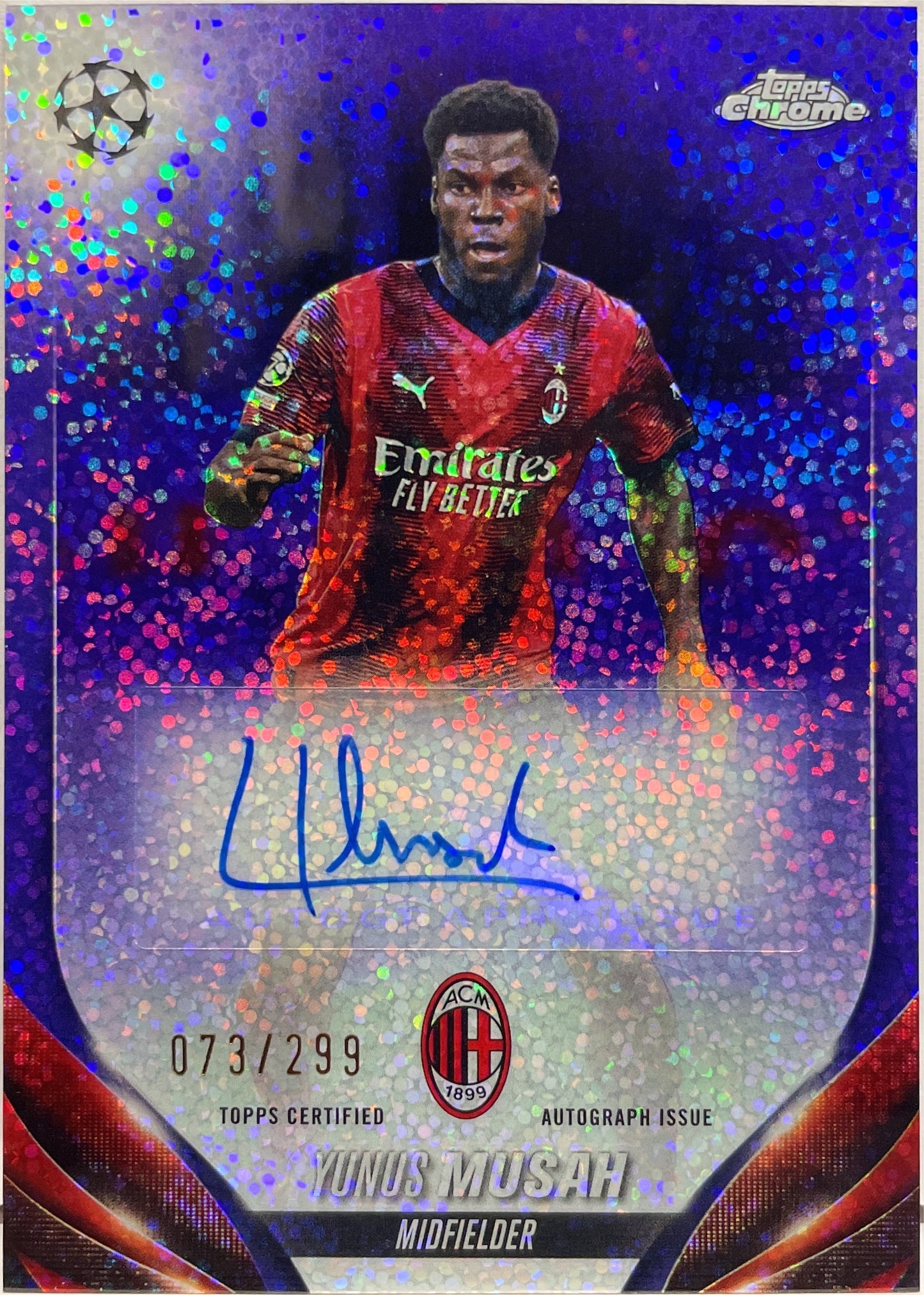 Yunus Musah 73/299 Autograph Purple Topps Chrome UCC 2023/24