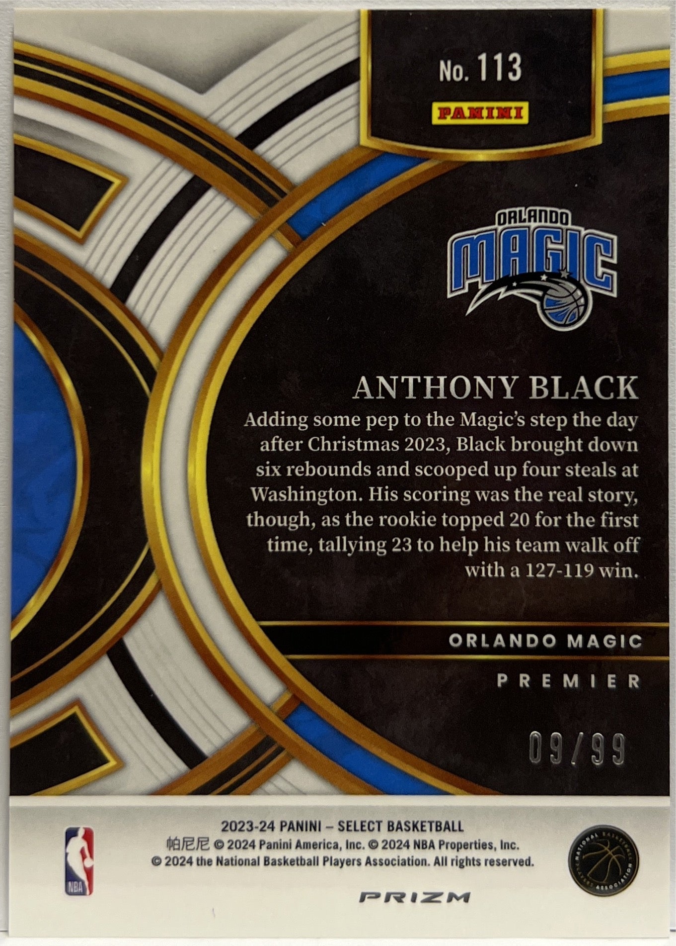 Anthony Black 9/99 Rookie Premier Blue Select Basketball NBA 2023/24