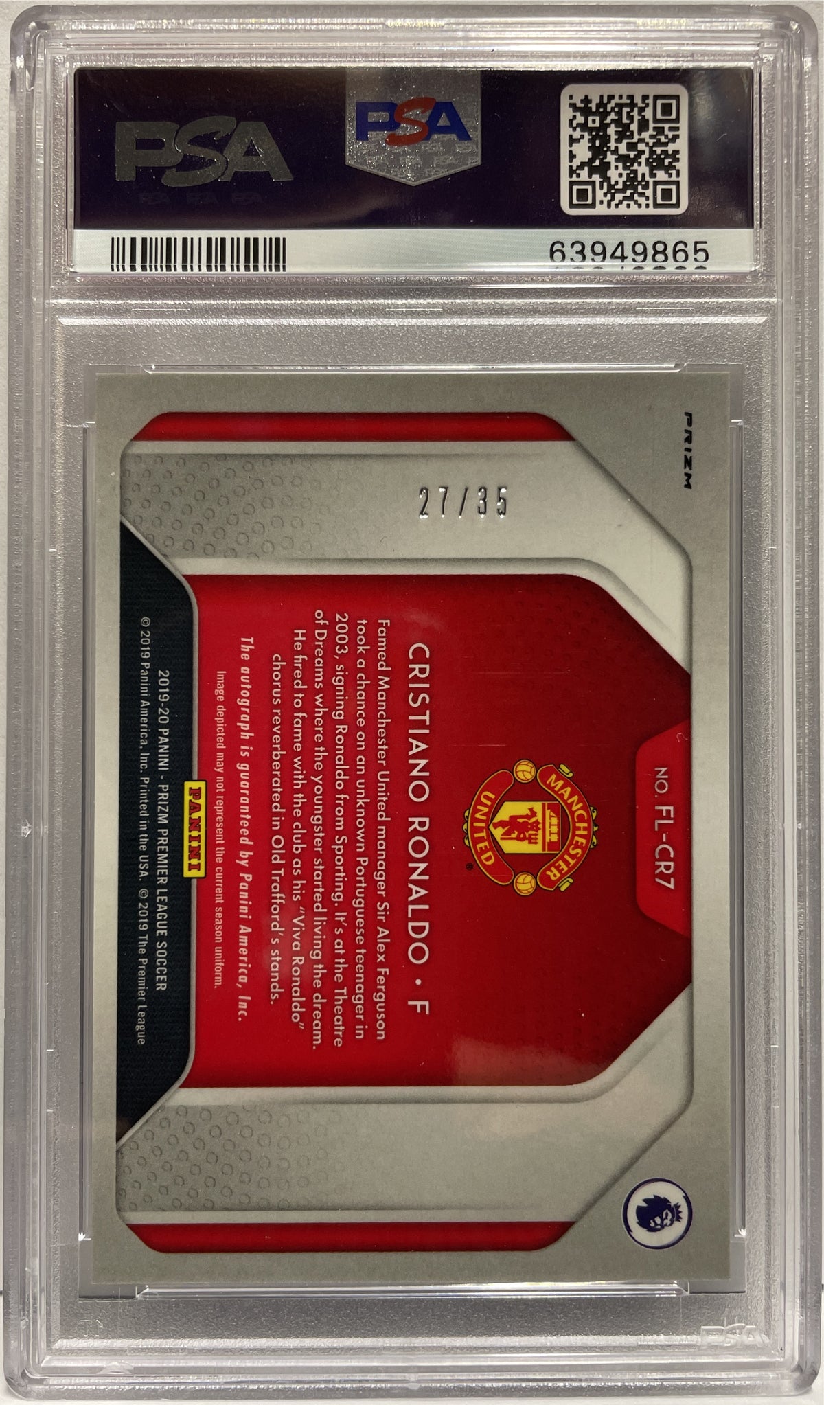 Cristiano Ronaldo 27/35 Autograph Flashback Purple Panini Prizm EPL Premier League 2019/20 PSA 10