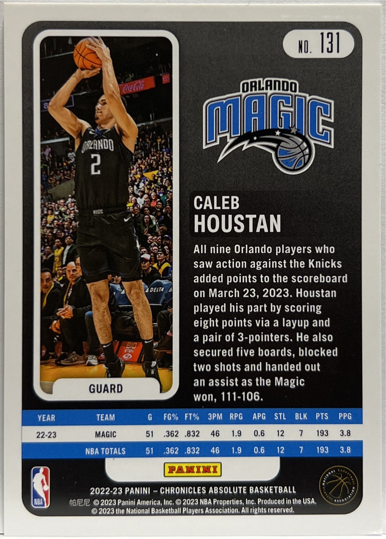 Caleb Houstan 50/99 Rookie Absolute Blue Chronicles Basketball 2022/23
