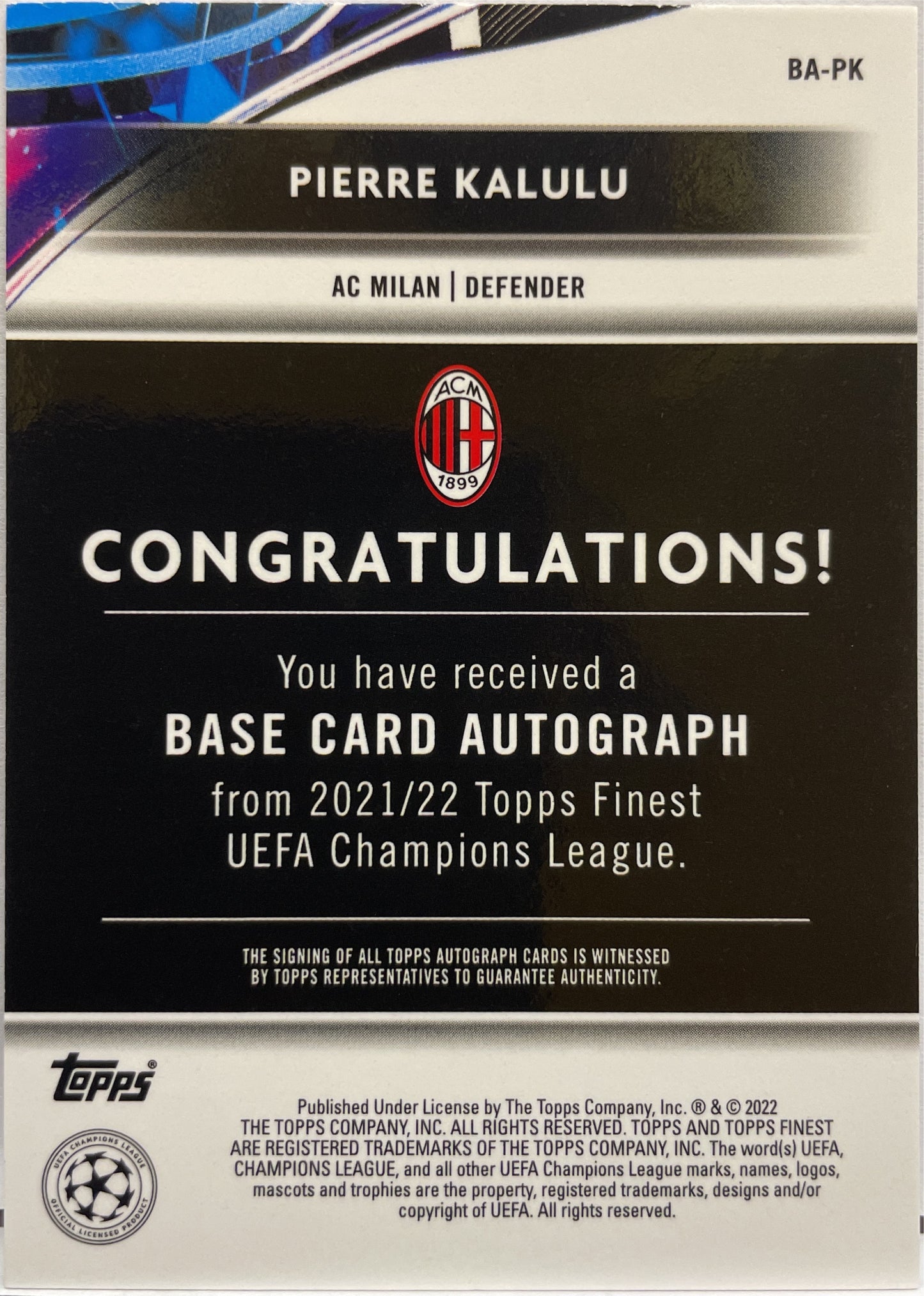 Pierre Kalulu Rookie Autograph Topps Finest UCL 2021/22