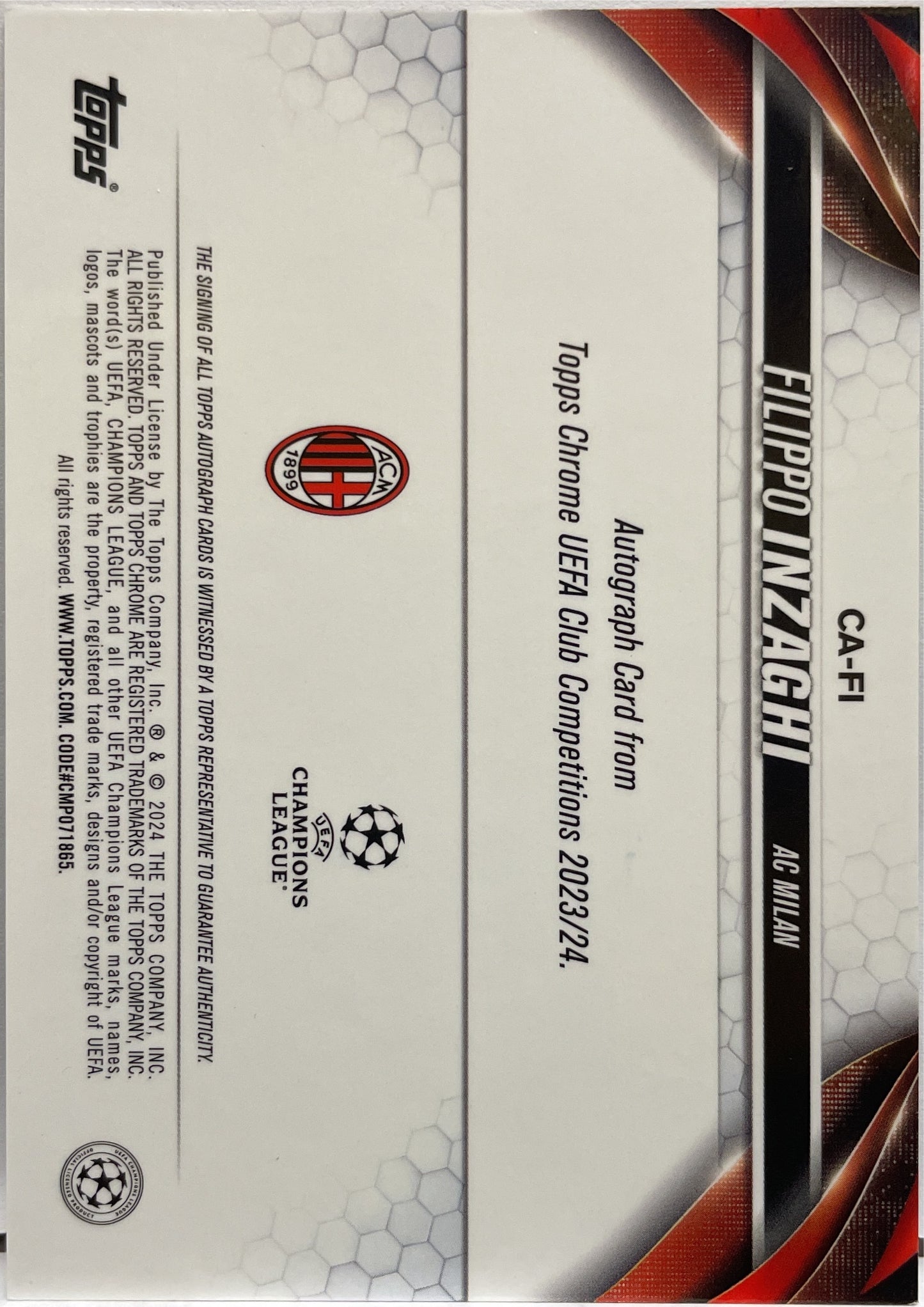 Filippo Inzaghi Autograph Aqua Lava Topps Chrome UCC 2023/24