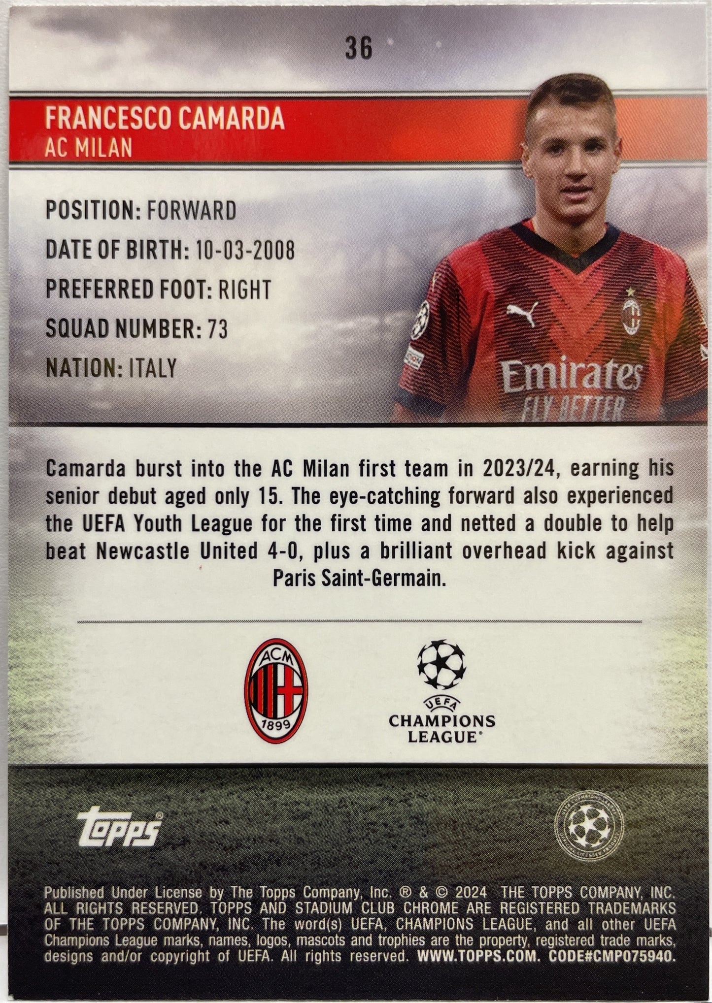 Francesco Camarda Rookie Pink Red Electric Charge Refractor Topps Stadium Chrome 2023/24