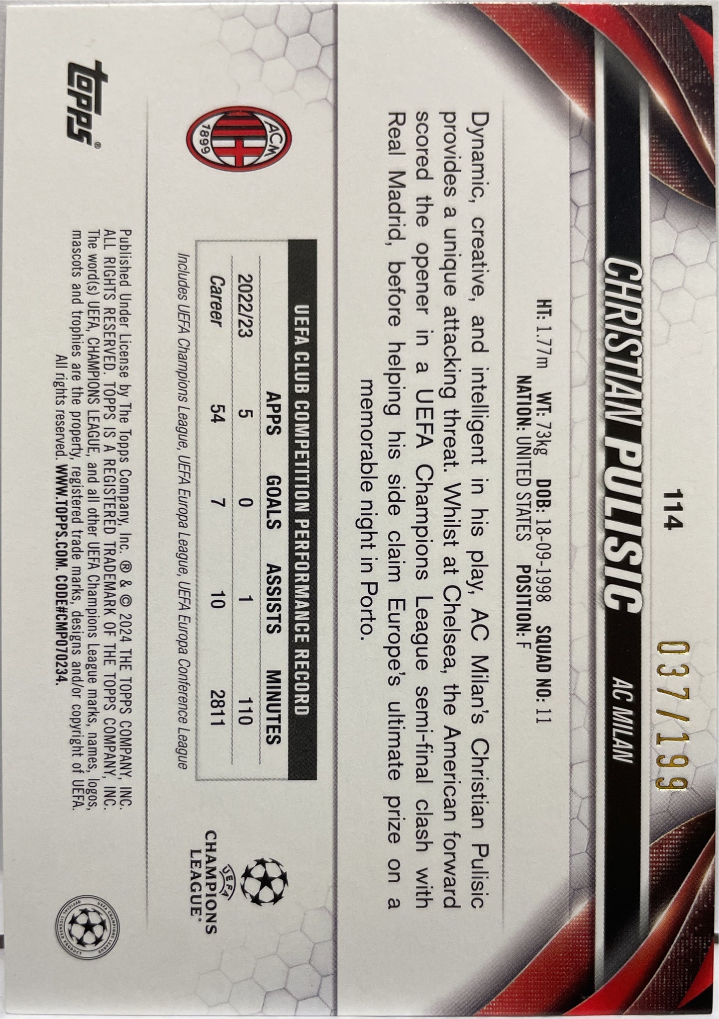 Christian Pulisic 37/199 Green Topps UCC 2023/24