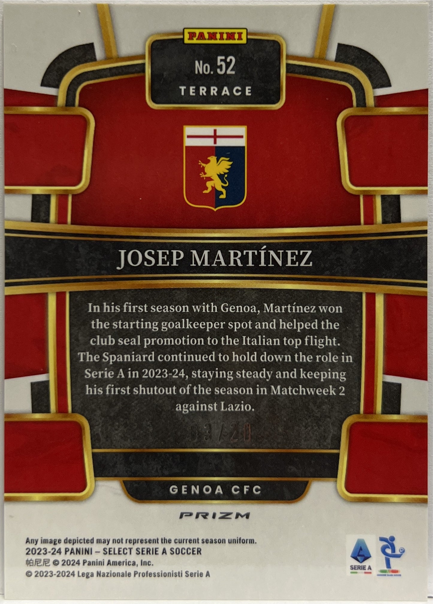 Josep Martinez 3/20 Rookie Terrace Zebra Select Serie A 2023/24