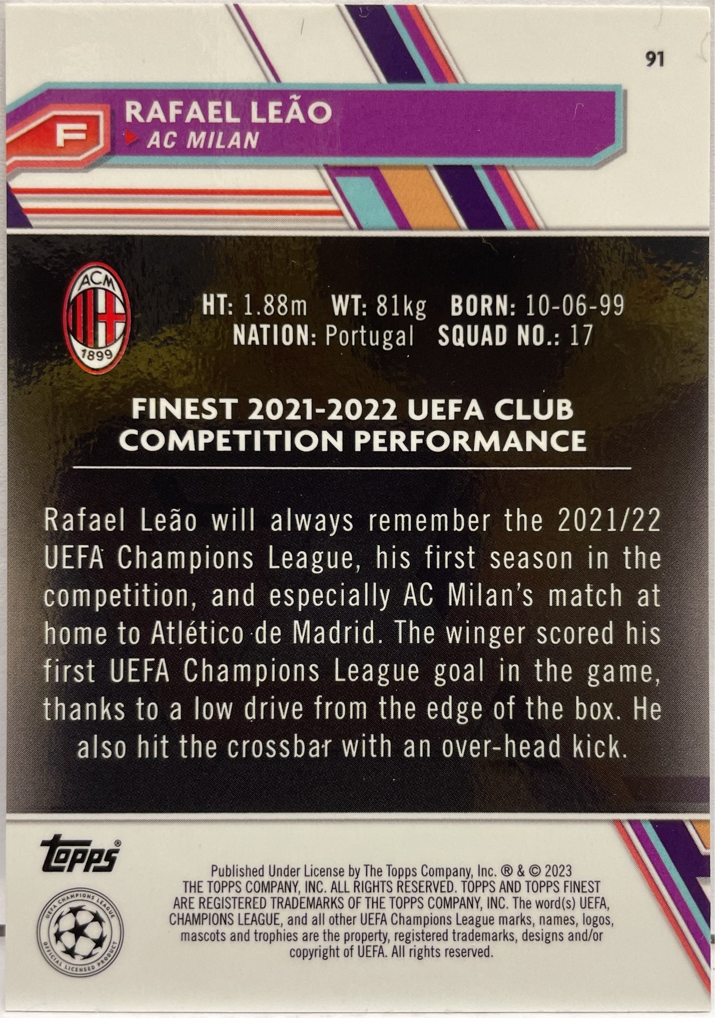 Rafael Leao 9/275 Blue Topps Finest UCC 2022/23