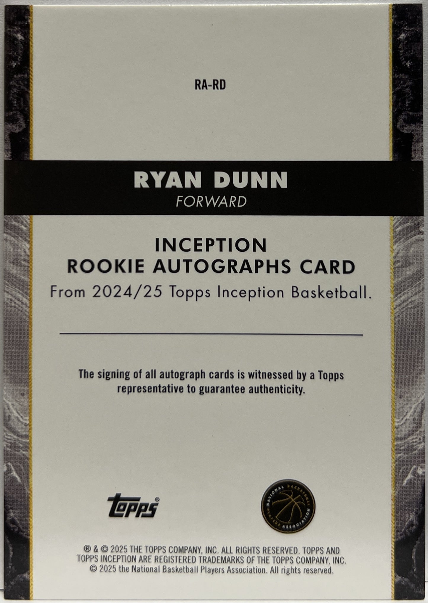 Ryan Dunn Rookie Autograph Topps Inception Basketball NBA 2024/25