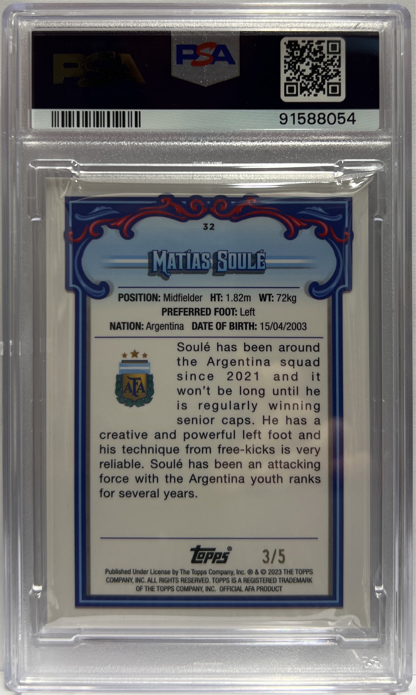 Matias Soule 3/5 1ST Bowman Red Tango Topps Argentina Fileteado 2023 PSA 10
