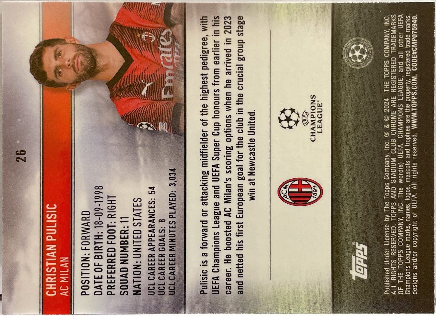 Christian pulisic 250/250 Aqua Wave Topps Stadium Chrome 2023/24