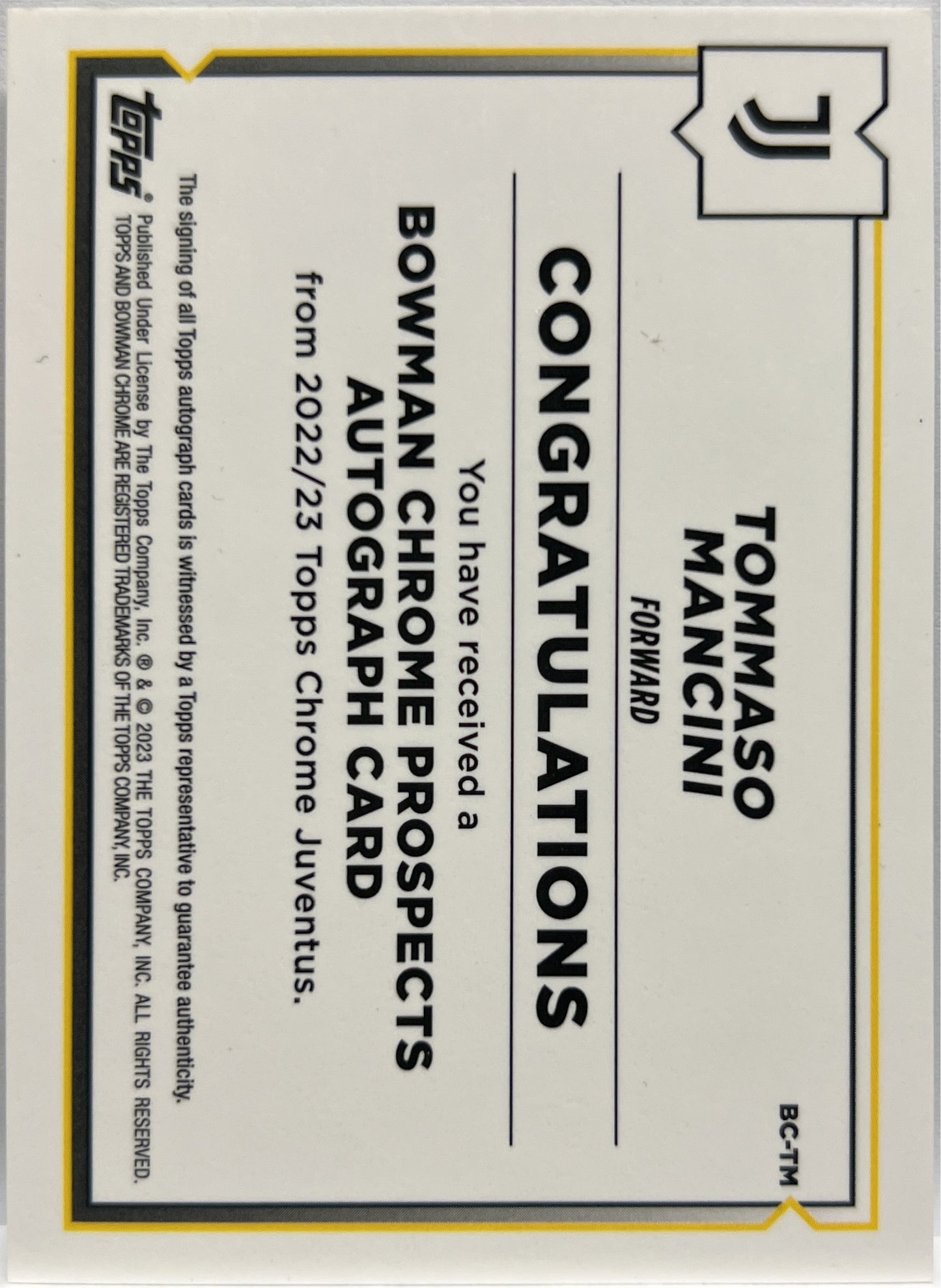 Tommaso Mancini Autograph 1ST Bowman Topps Chrome Juventus 2022/23