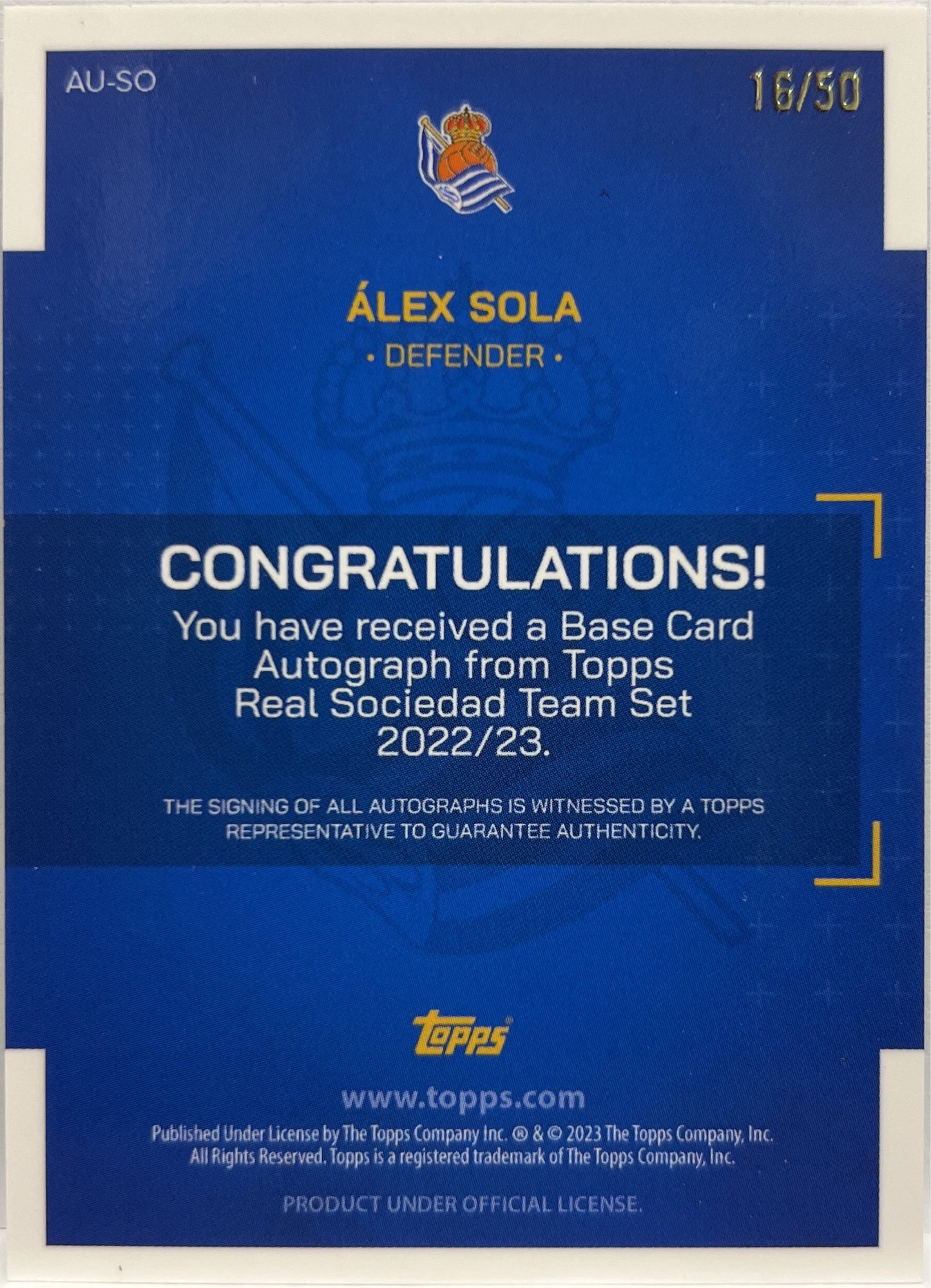 Alex Sola 16/50 Rookie Autograph Topps Team Set Real Sociedad 2022/23