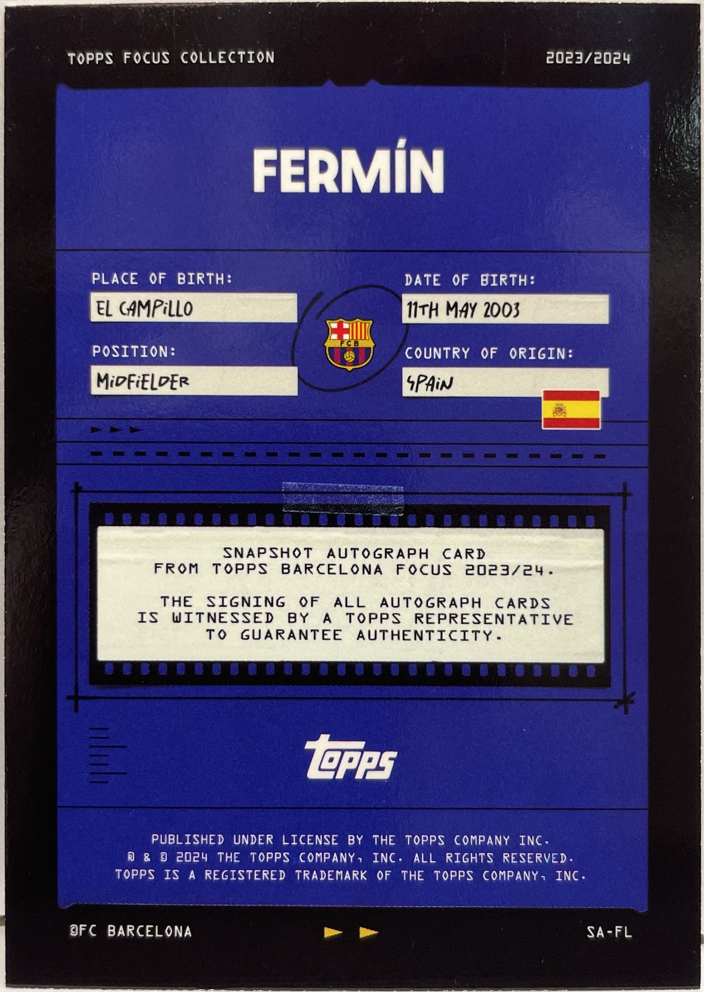 Fermin Lopez 11/25 Rookie Autograph Orange Topps Focus Barcelona 2023/24