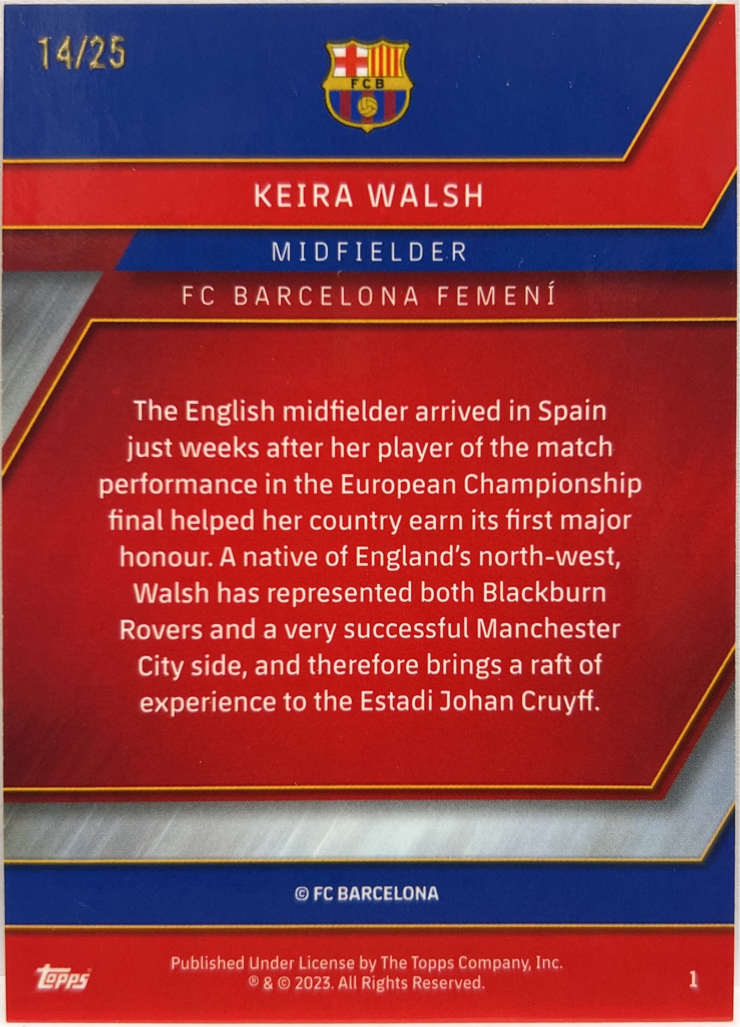 keira Walsh 14/25 Rookie Orange Topps Chrome Barcellona 2022/23