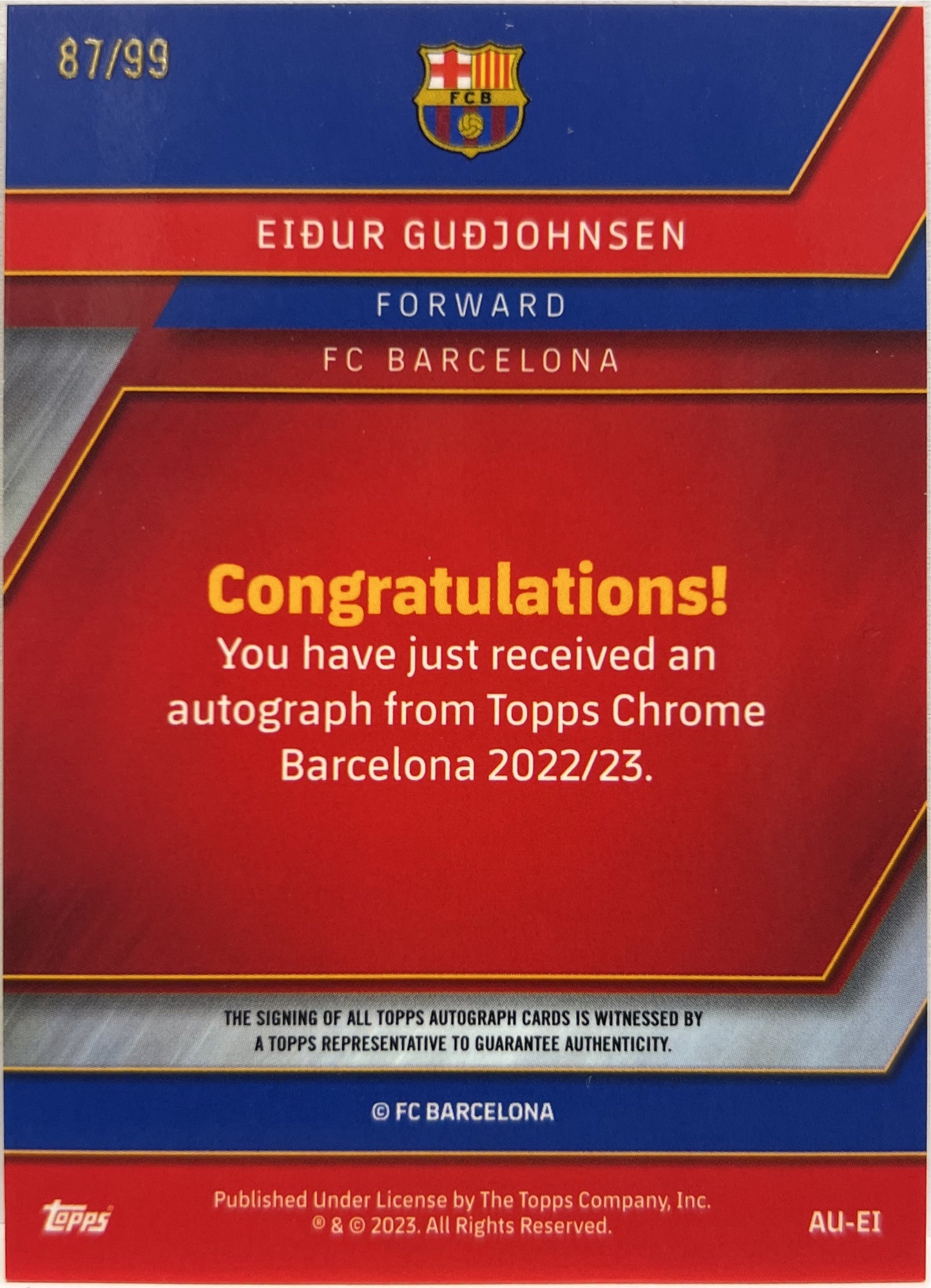Eidur Gudjohnsen 87/99 Autograph Topps Chrome Barcellona 2022/23