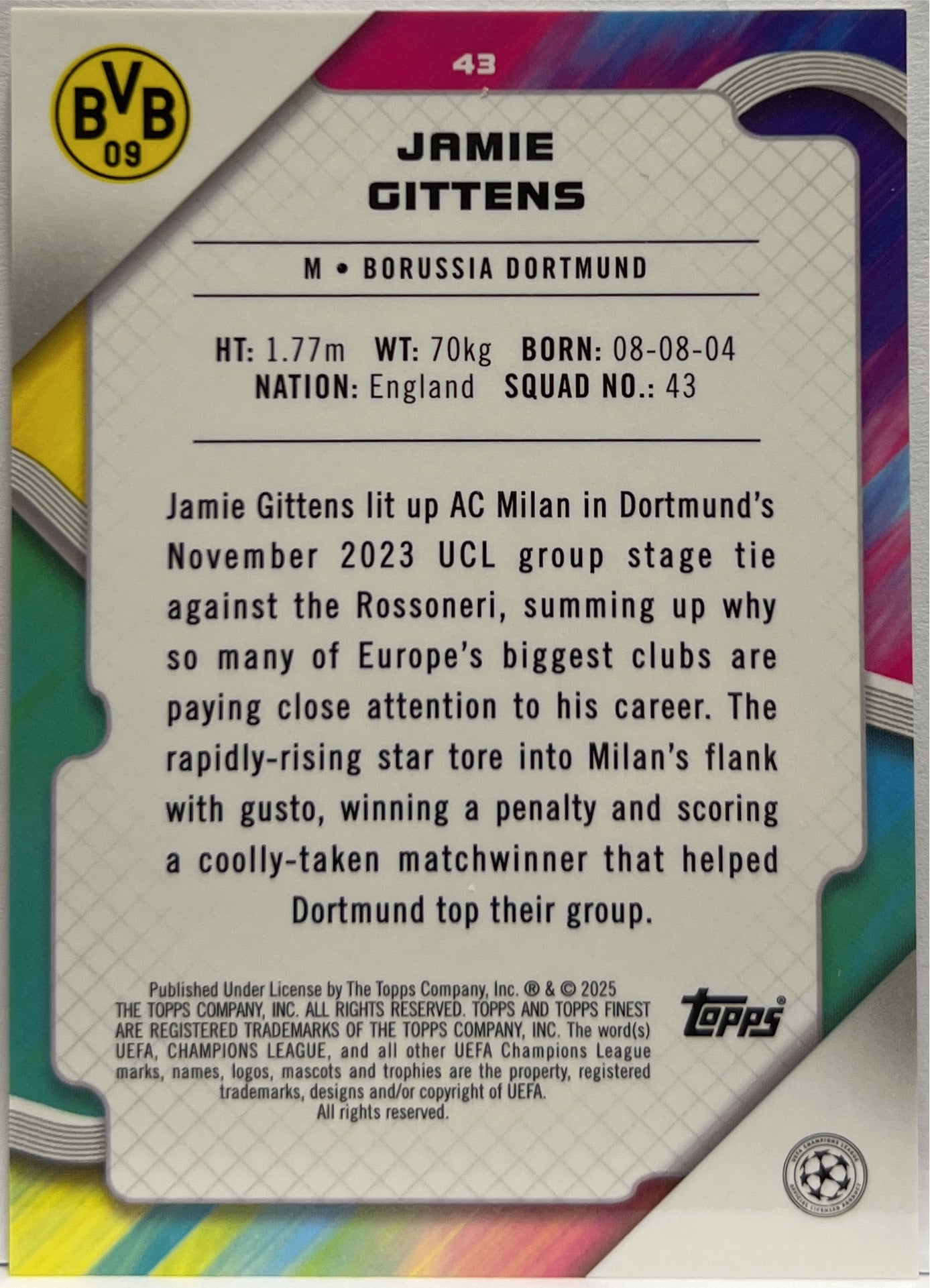 Jamie Gittens 42/50 Gold Topps Finest UCC 2024/25